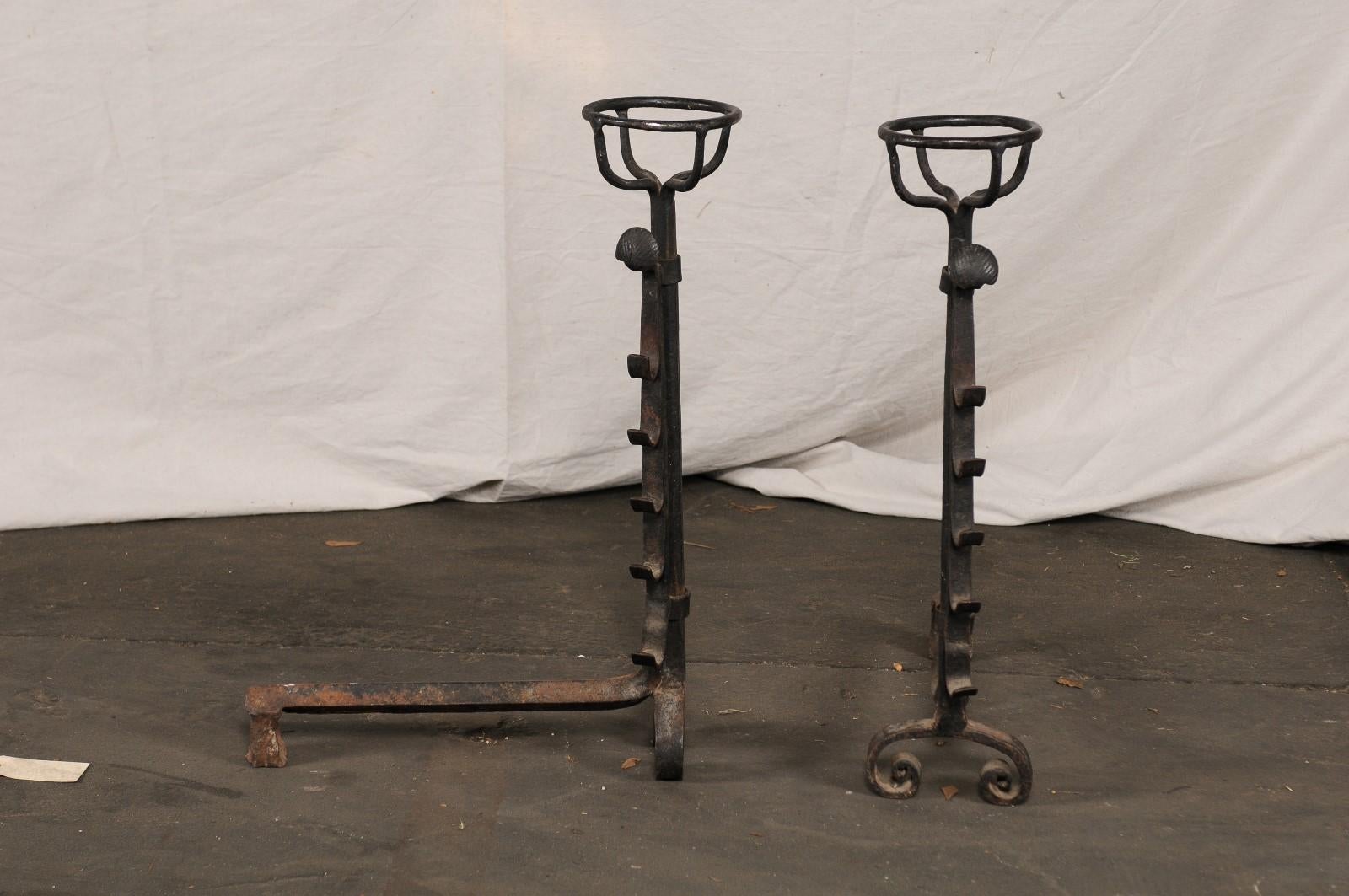 European Large Continental Hand Forged Iron Andirons with Port Warmers, circa 1900 For Sale