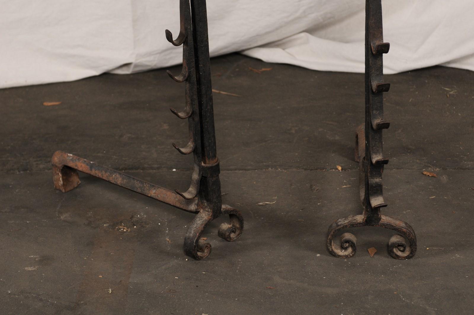 Large Continental Hand Forged Iron Andirons with Port Warmers, circa 1900 In Good Condition For Sale In Atlanta, GA