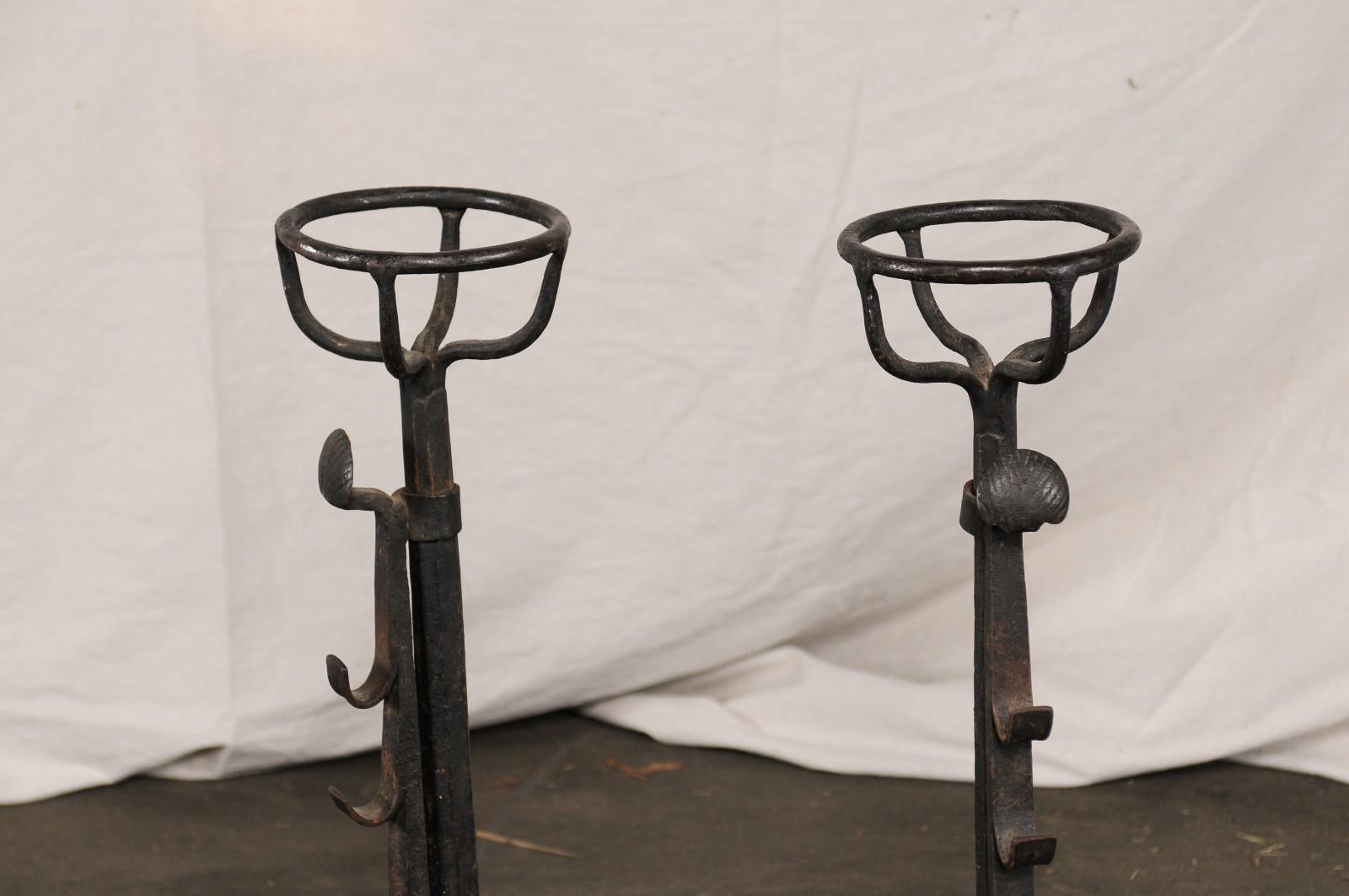Early 20th Century Large Continental Hand Forged Iron Andirons with Port Warmers, circa 1900 For Sale
