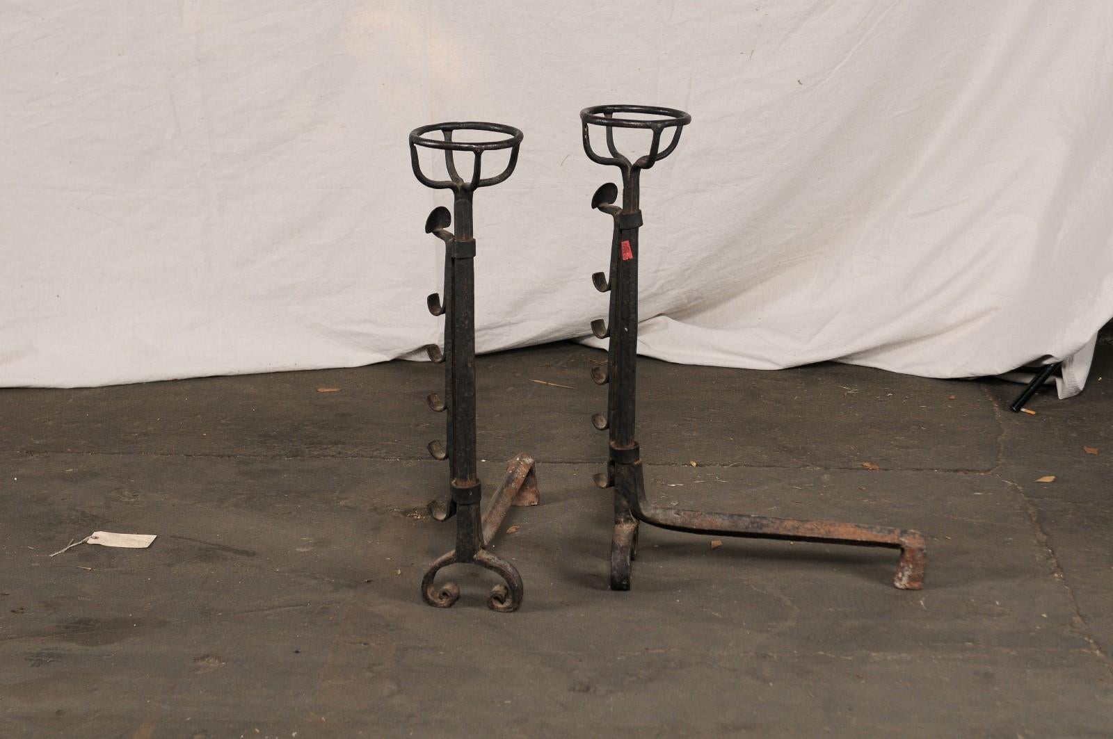 Large Continental Hand Forged Iron Andirons with Port Warmers, circa 1900 For Sale 1