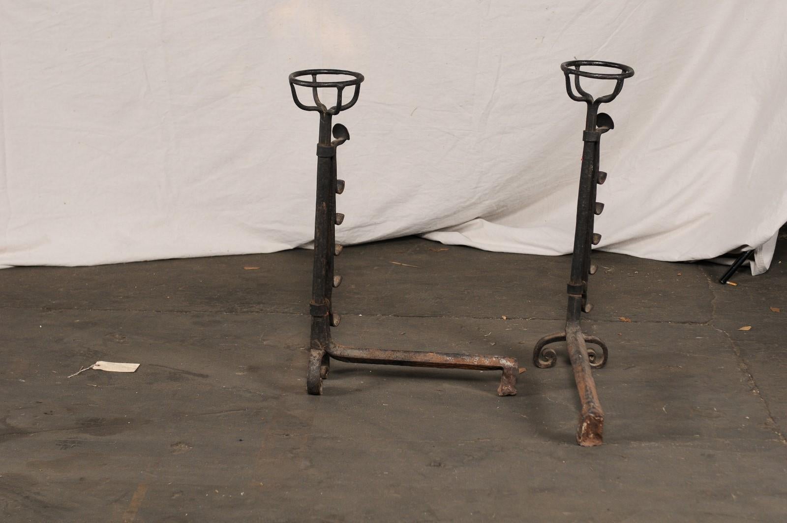 Large Continental Hand Forged Iron Andirons with Port Warmers, circa 1900 For Sale 2