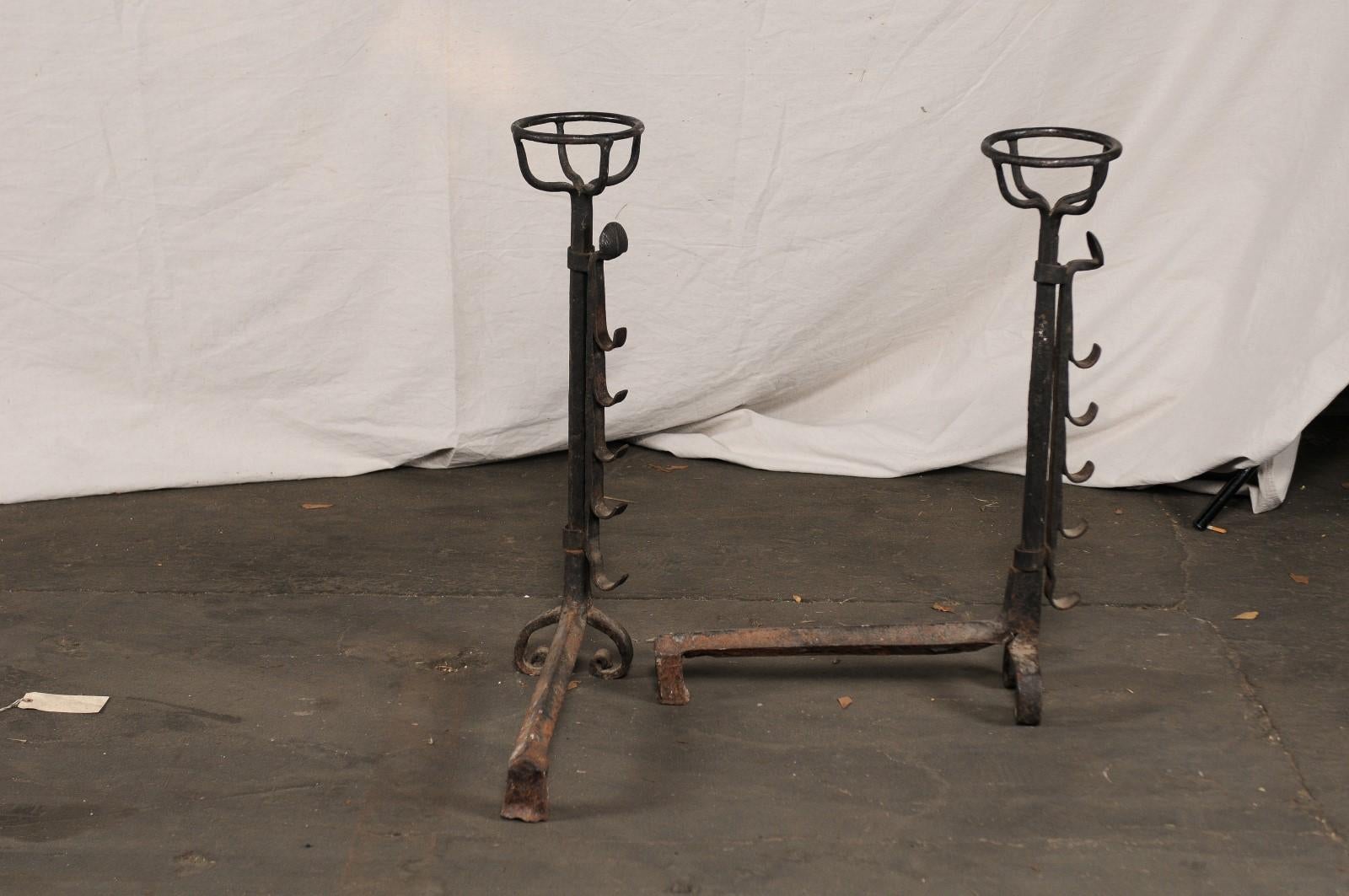 Large Continental Hand Forged Iron Andirons with Port Warmers, circa 1900 For Sale 3