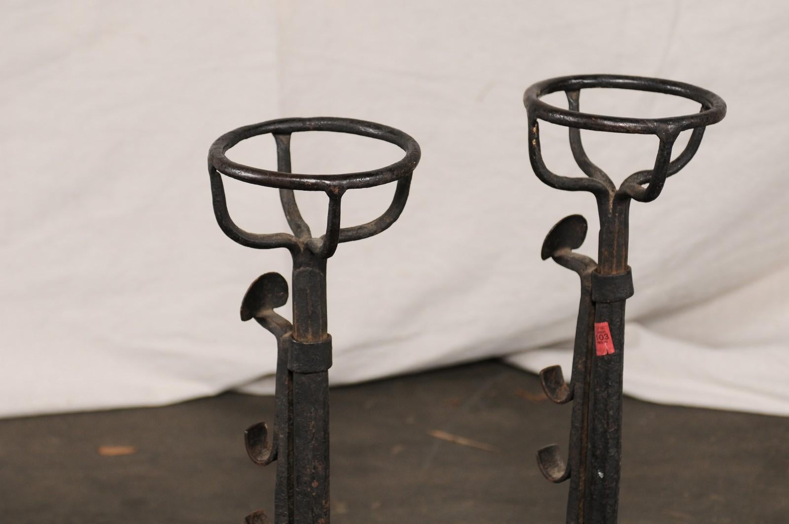 Large Continental Hand Forged Iron Andirons with Port Warmers, circa 1900 For Sale 4