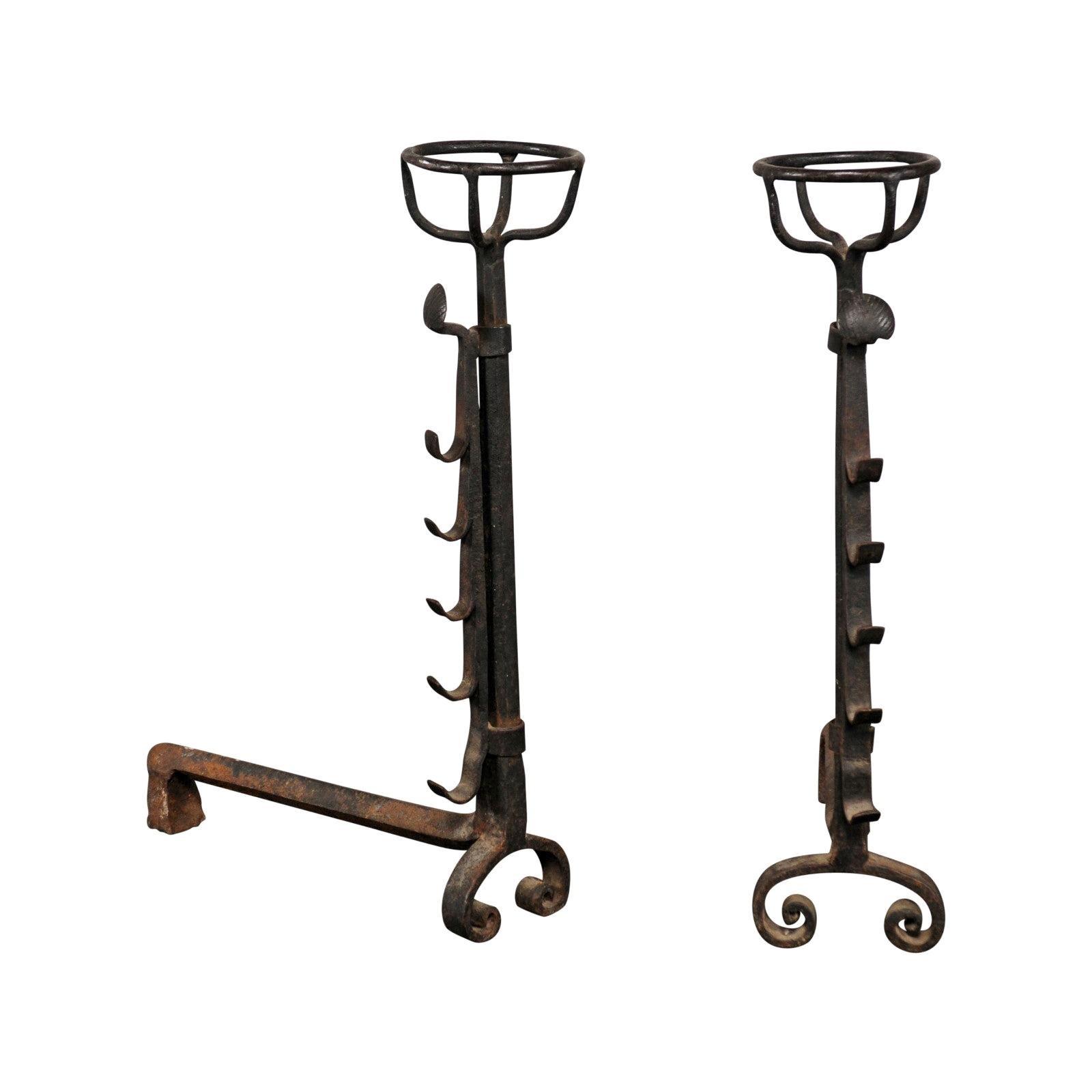 Large Continental Hand Forged Iron Andirons with Port Warmers, circa 1900 For Sale