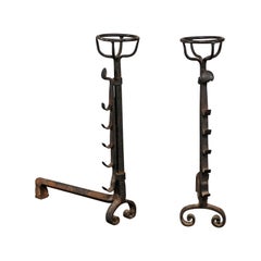 Large Continental Hand Forged Iron Andirons with Port Warmers, circa 1900