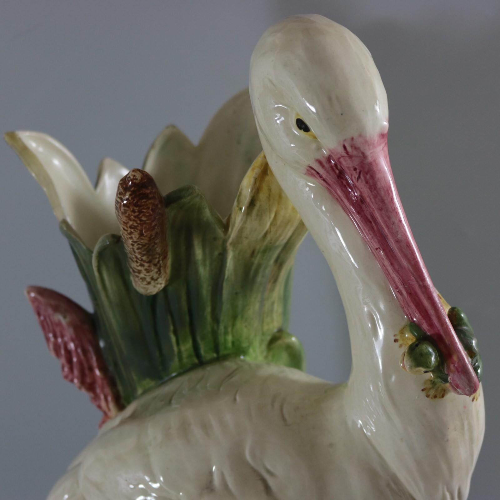 Large Continental Majolica Stork Figural Vase 7