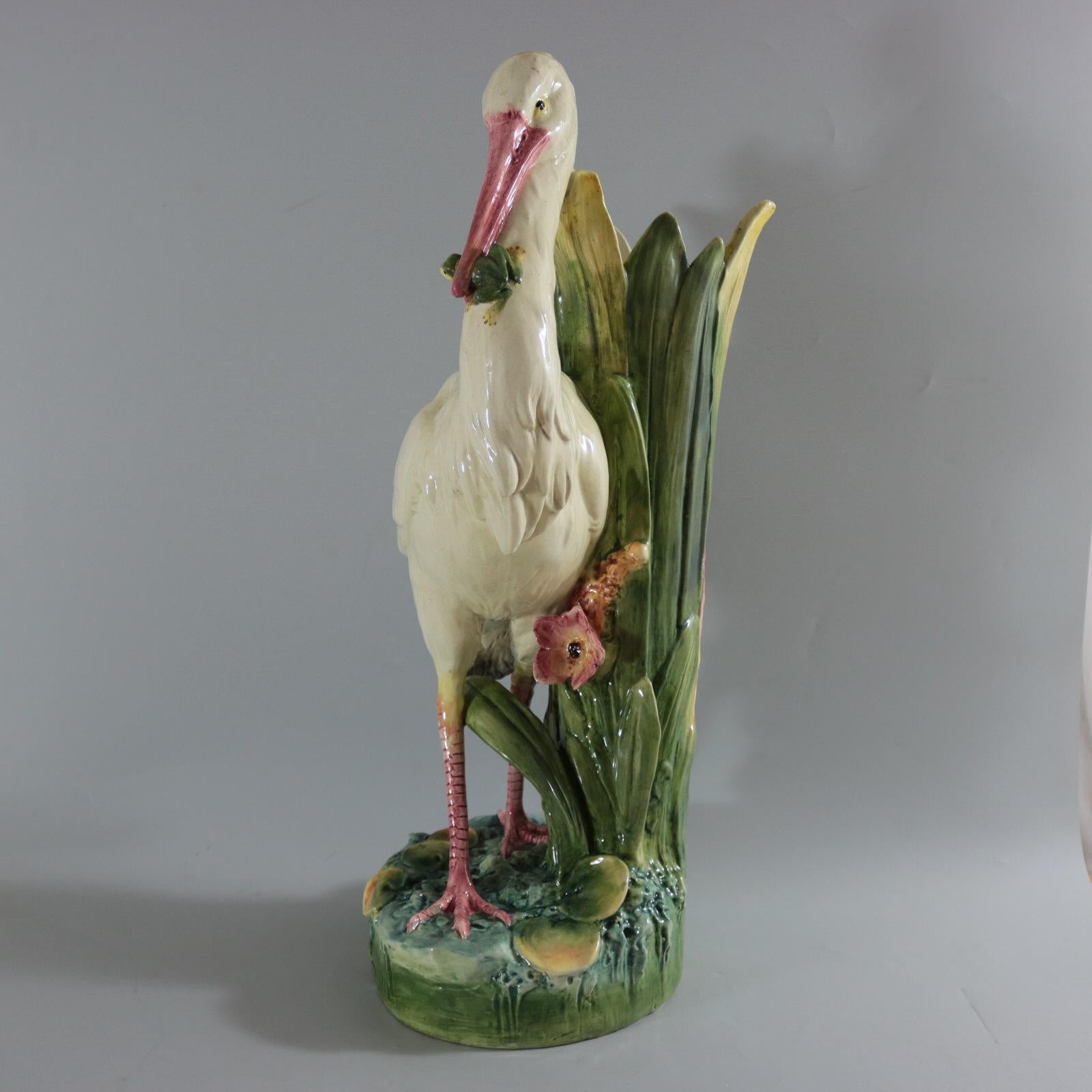 Large Continental Majolica Stork Figural Vase In Fair Condition In Chelmsford, Essex