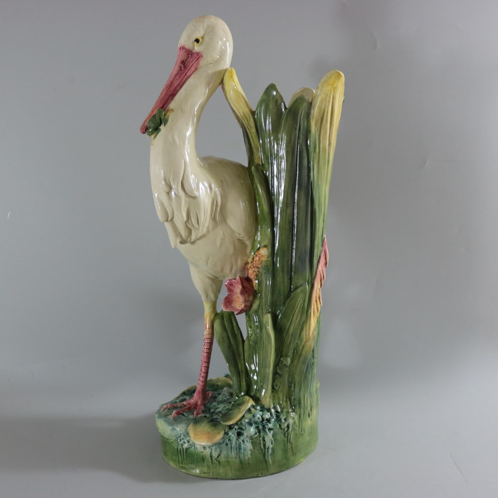 Early 20th Century Large Continental Majolica Stork Figural Vase