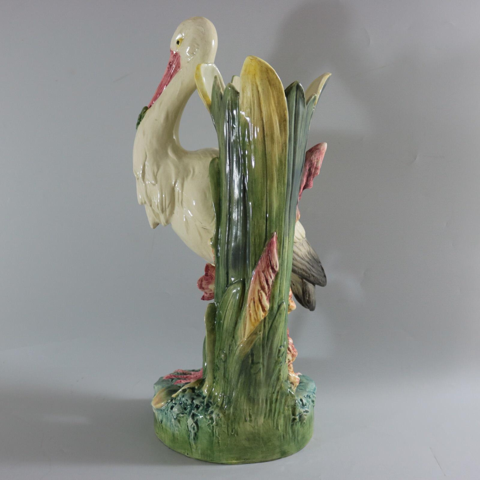 Earthenware Large Continental Majolica Stork Figural Vase
