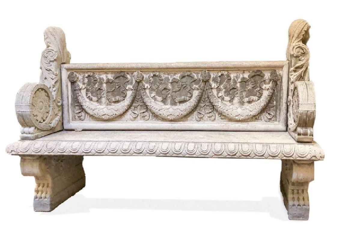 Large Continental Neoclassical Cast Stone Double-Sided Bench, Limestone 4
