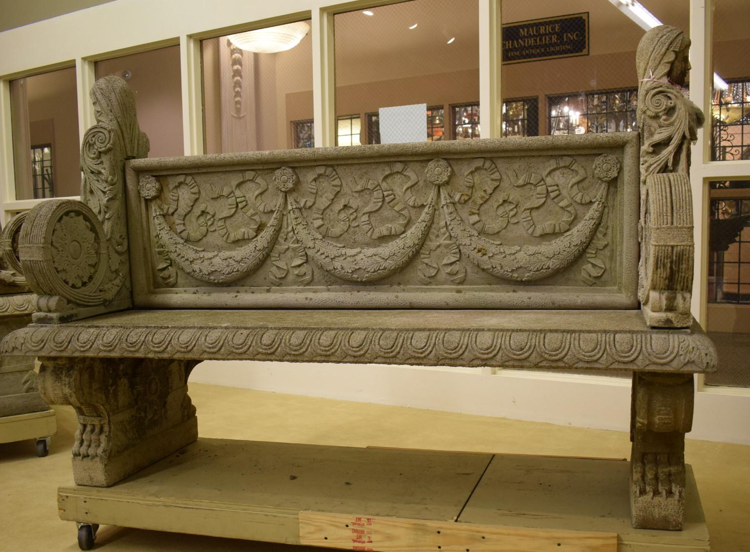 Large Continental neoclassical cast stone double-sided bench. Limestone. Unmarked
Approx. height 49
