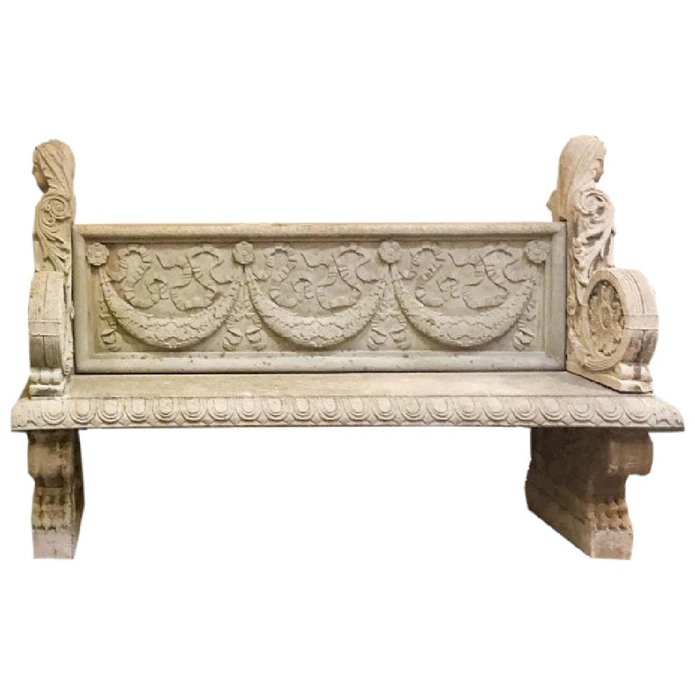 Large Continental Neoclassical Cast Stone Double-Sided Bench, Limestone