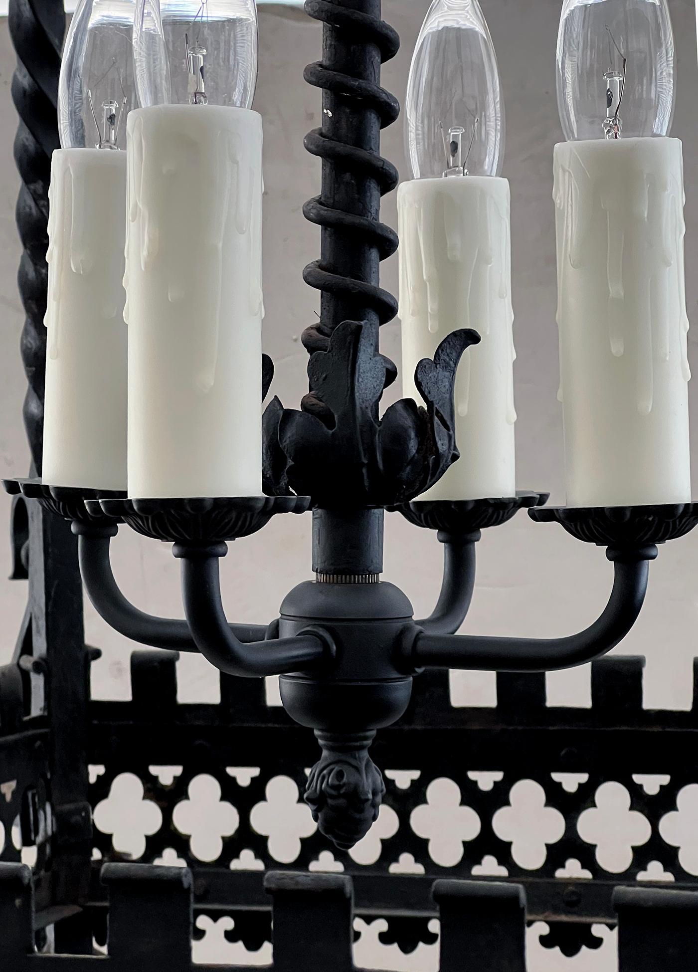 Gothic Revival Large Continental Neogothic Wrought Iron Four-Light Lantern For Sale