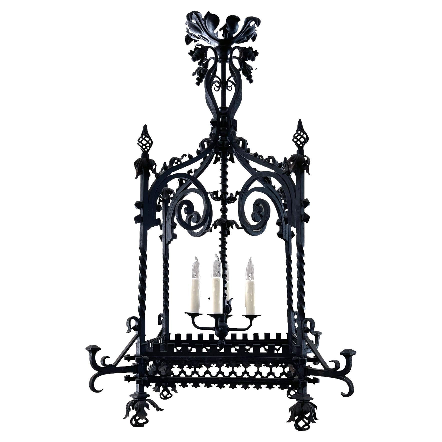 Large Continental Neogothic Wrought Iron Four-Light Lantern For Sale