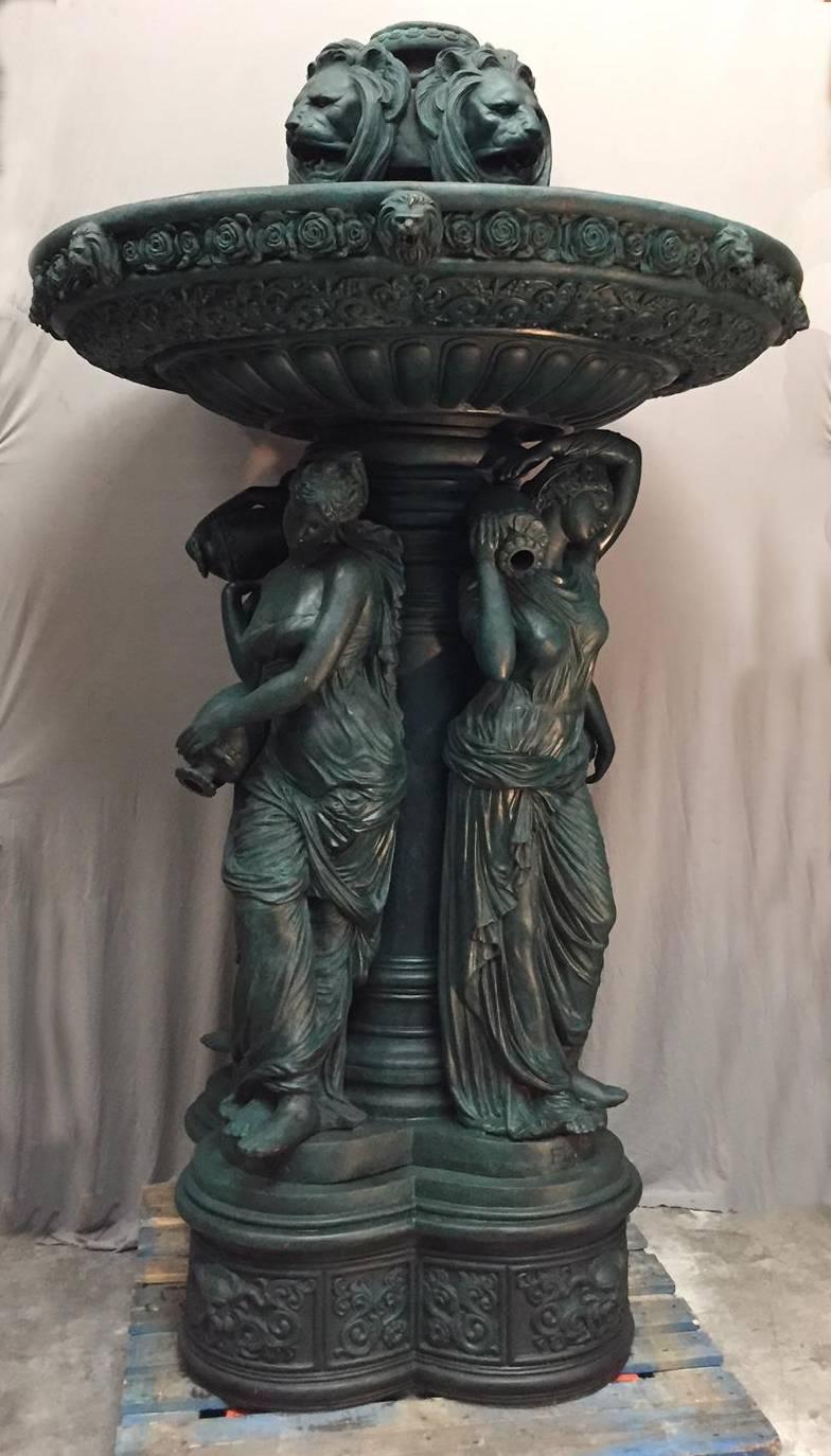 Large Continental Patinated Bronze Fountain with Four Neoclassical Maidens 4