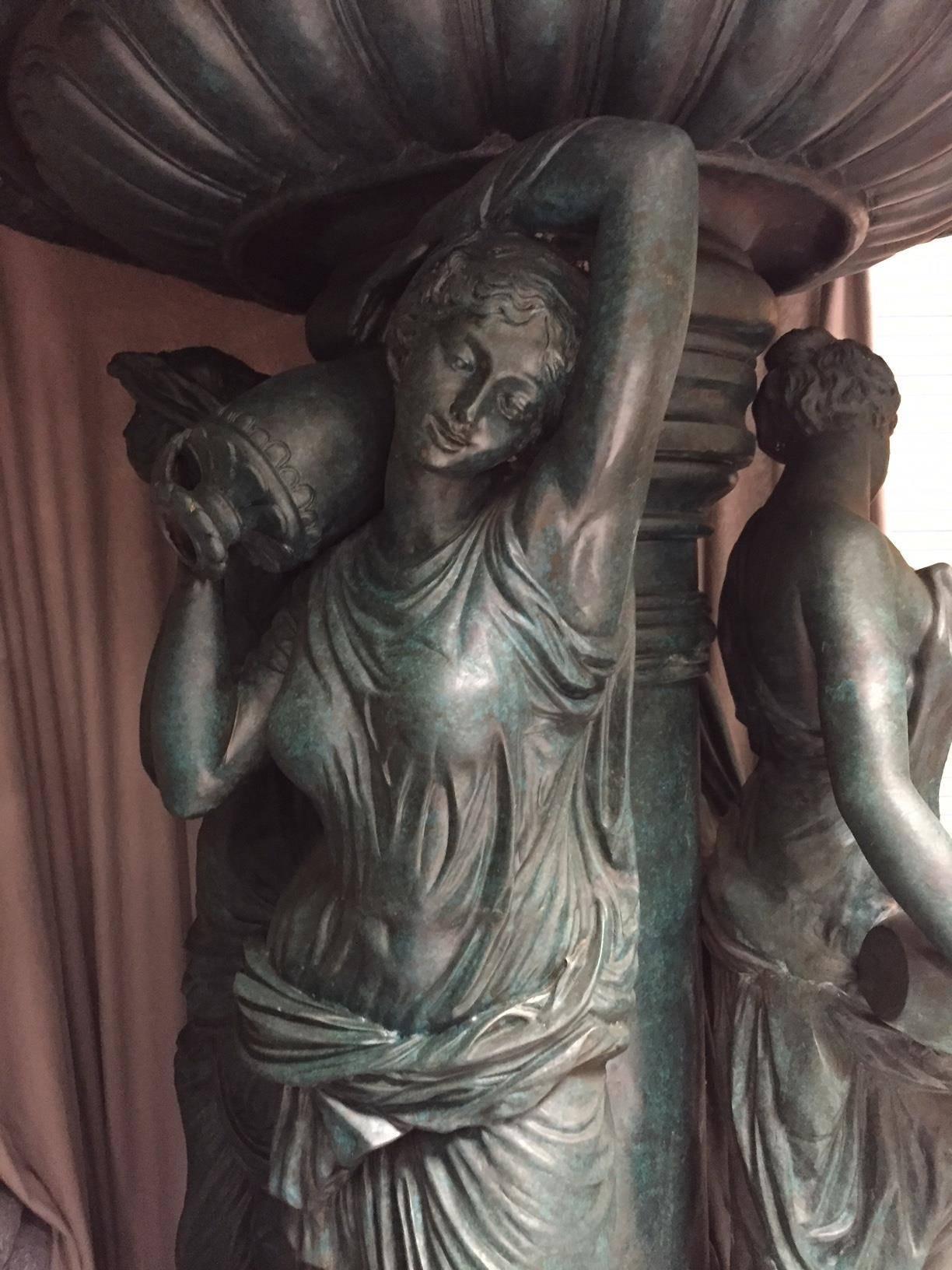 Large Continental Patinated Bronze Fountain with Four Neoclassical Maidens 8