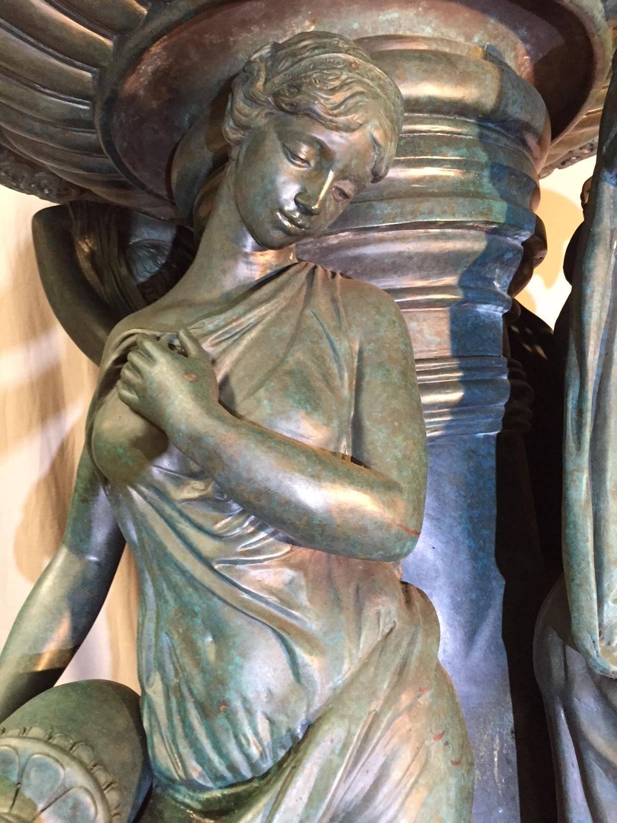 Large Continental Patinated Bronze Fountain with Four Neoclassical Maidens In Good Condition In Cypress, CA
