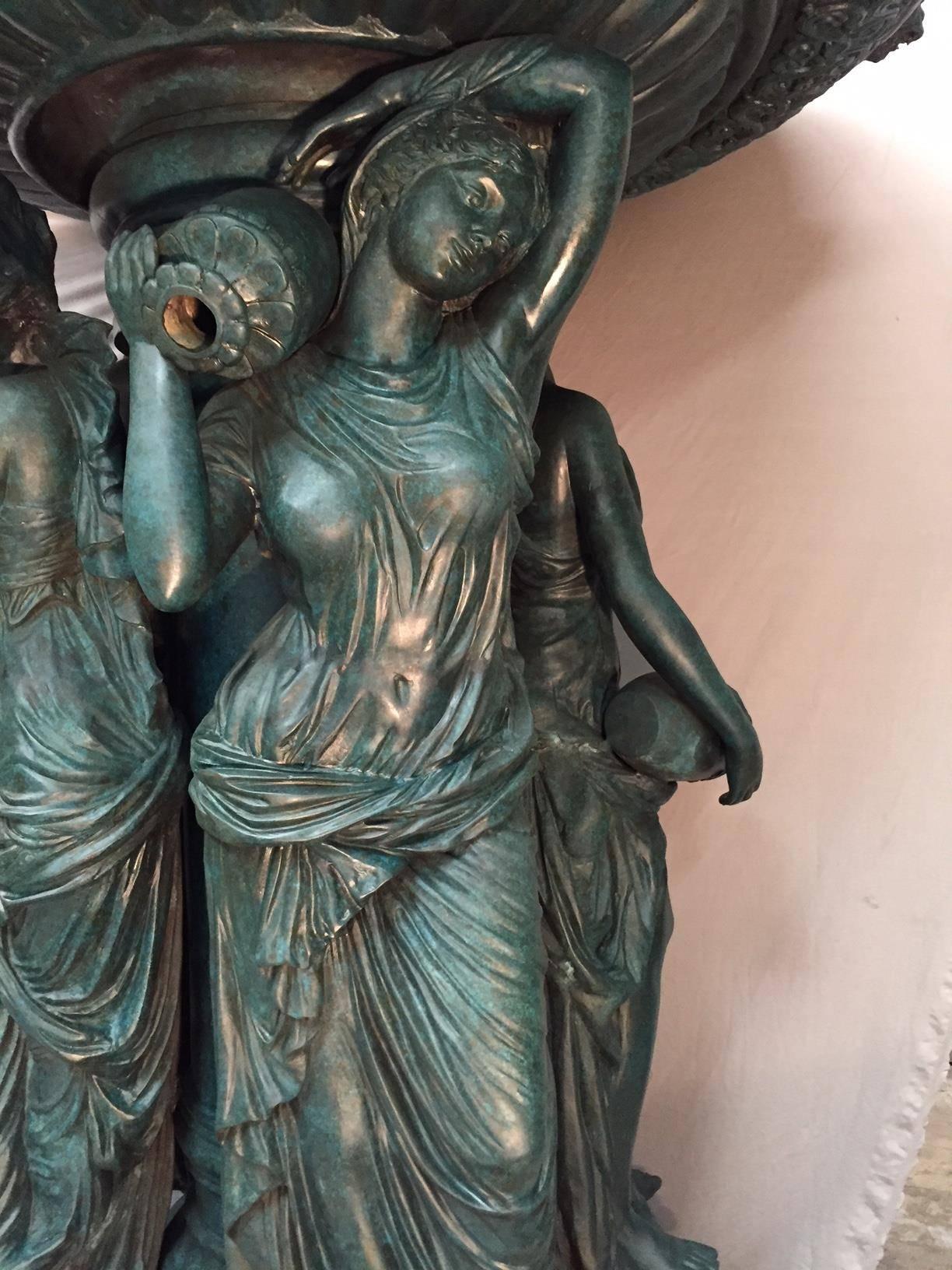 Large Continental Patinated Bronze Fountain with Four Neoclassical Maidens 1