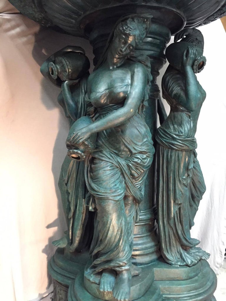 Large Continental Patinated Bronze Fountain with Four Neoclassical
