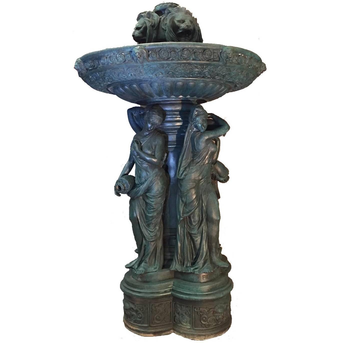 Large Continental Patinated Bronze Fountain with Four Neoclassical Maidens