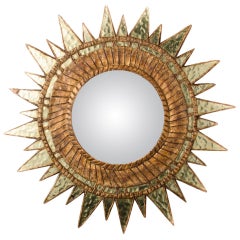 Grand miroir convexe avec miroir en verre vert à la manière de Line Vautrin