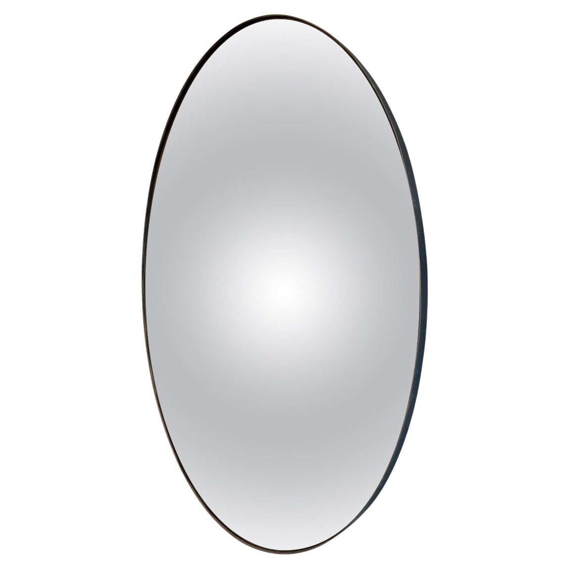 An oval shaped distressed silver glass  convex mirror with bronze finish banded frame. Also available as  a circular convex and pairs available too.