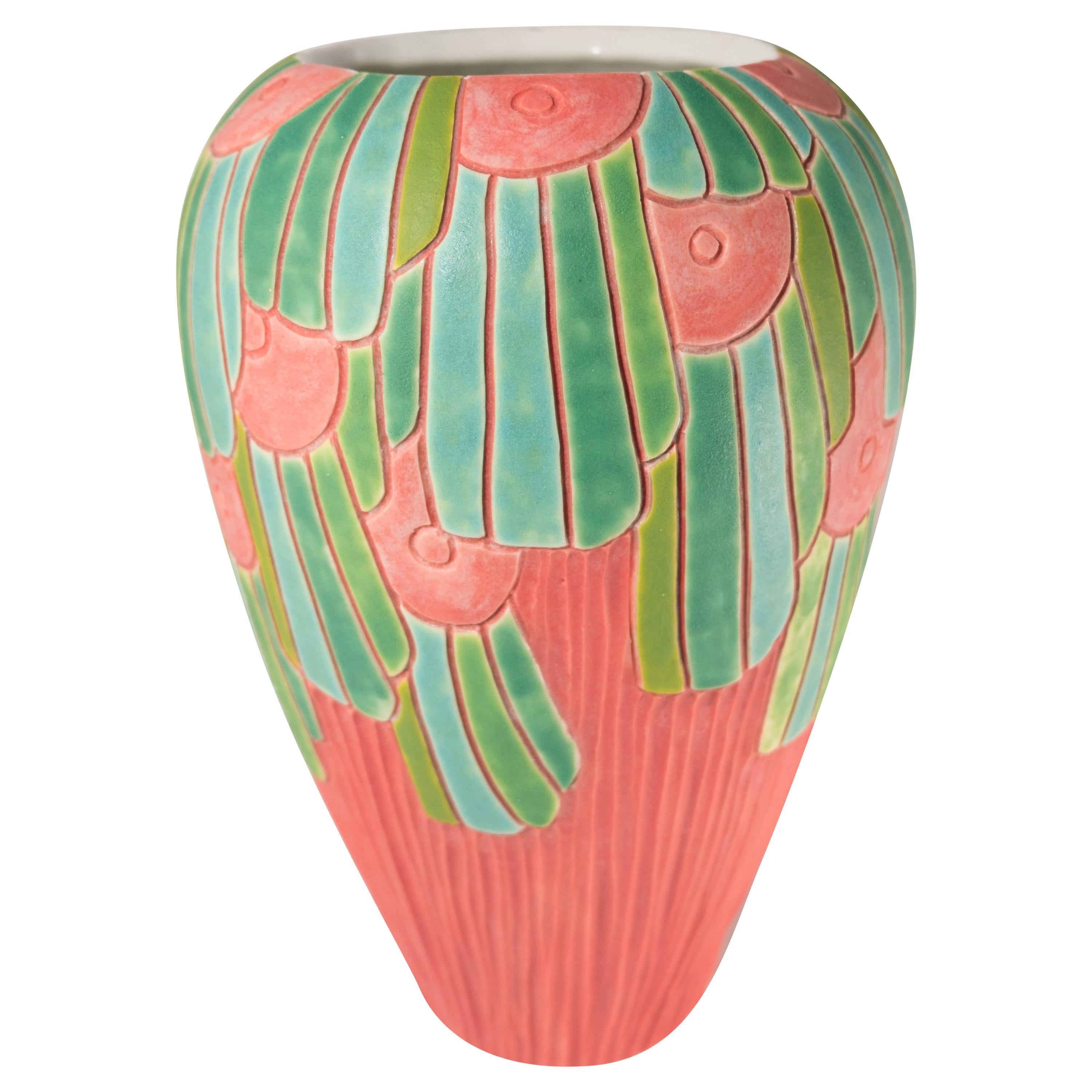 Large "Copan" Hand Carved Porcelain Art Pottery Vase For Sale