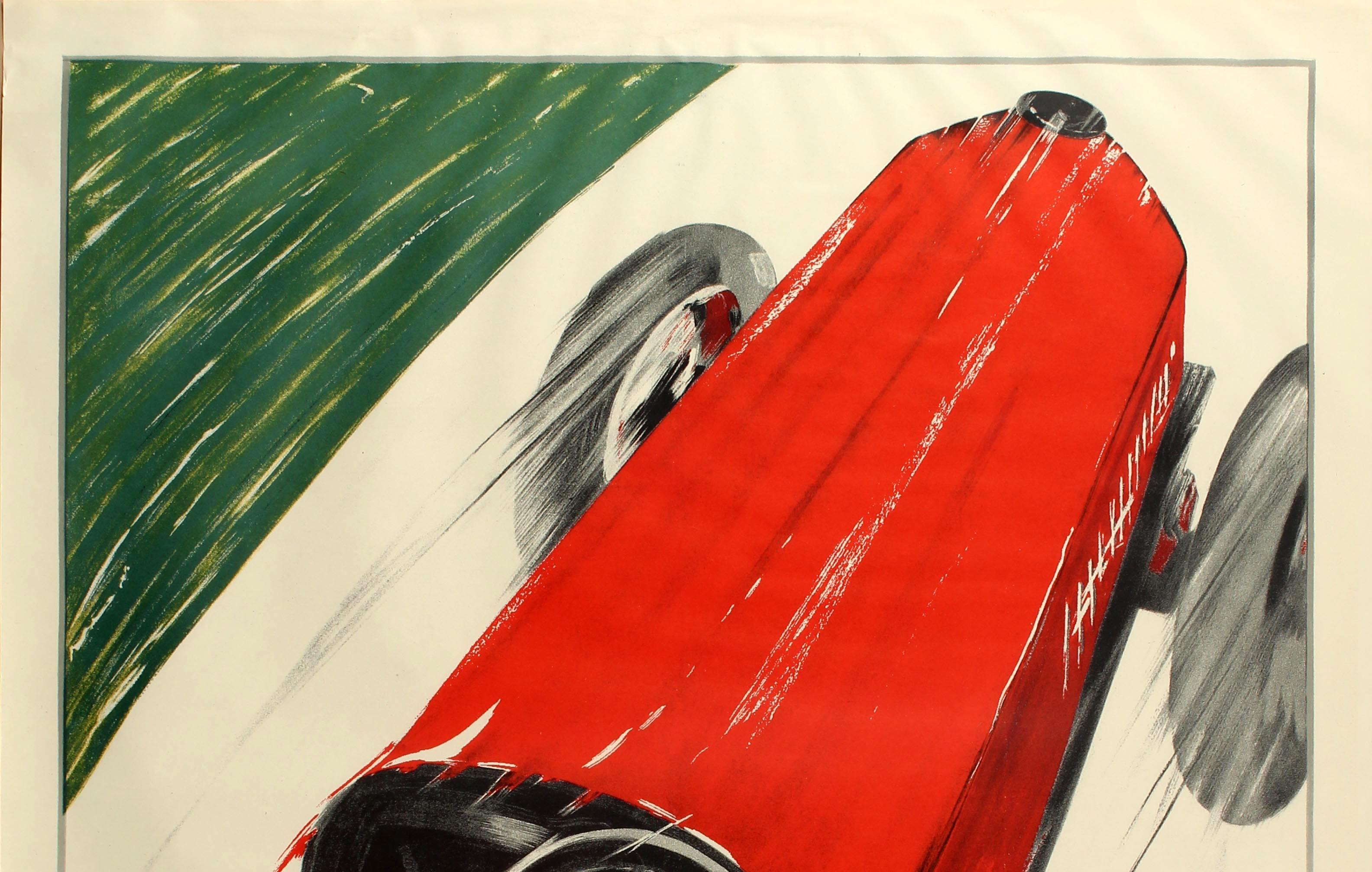 Original vintage 1990s lithograph re-issue of the 1925 sport advertising poster for the annual Coppa della Perugina classic car racing event organized by the Auto Moto Club in Perugia Italy. Great Art Deco style design by the notable Italian artist