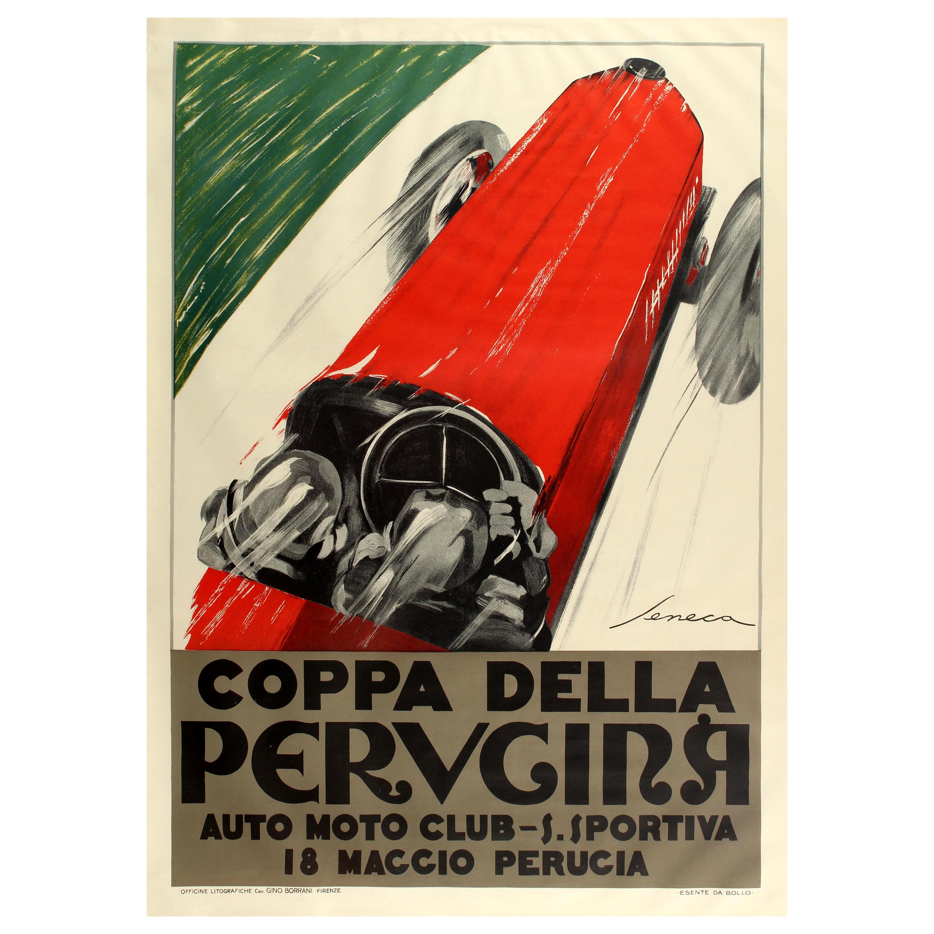 Large Coppa Della Perugina Sports Car Racing Poster Reissue 1990s Art Deco Style