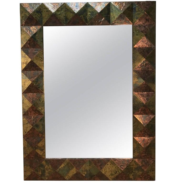 Mid-Century Modern Large Copper and Brass Clad Faceted Mirror For Sale