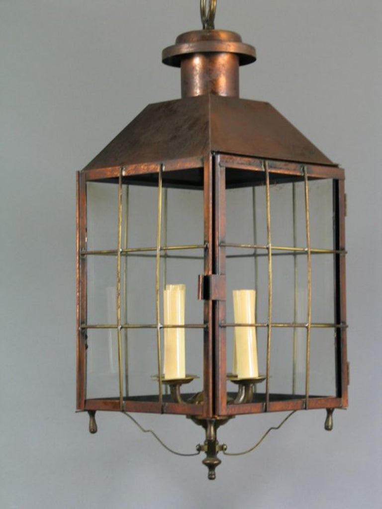 Large Artisan   Copper and Brass Lantern In Good Condition For Sale In Douglas Manor, NY