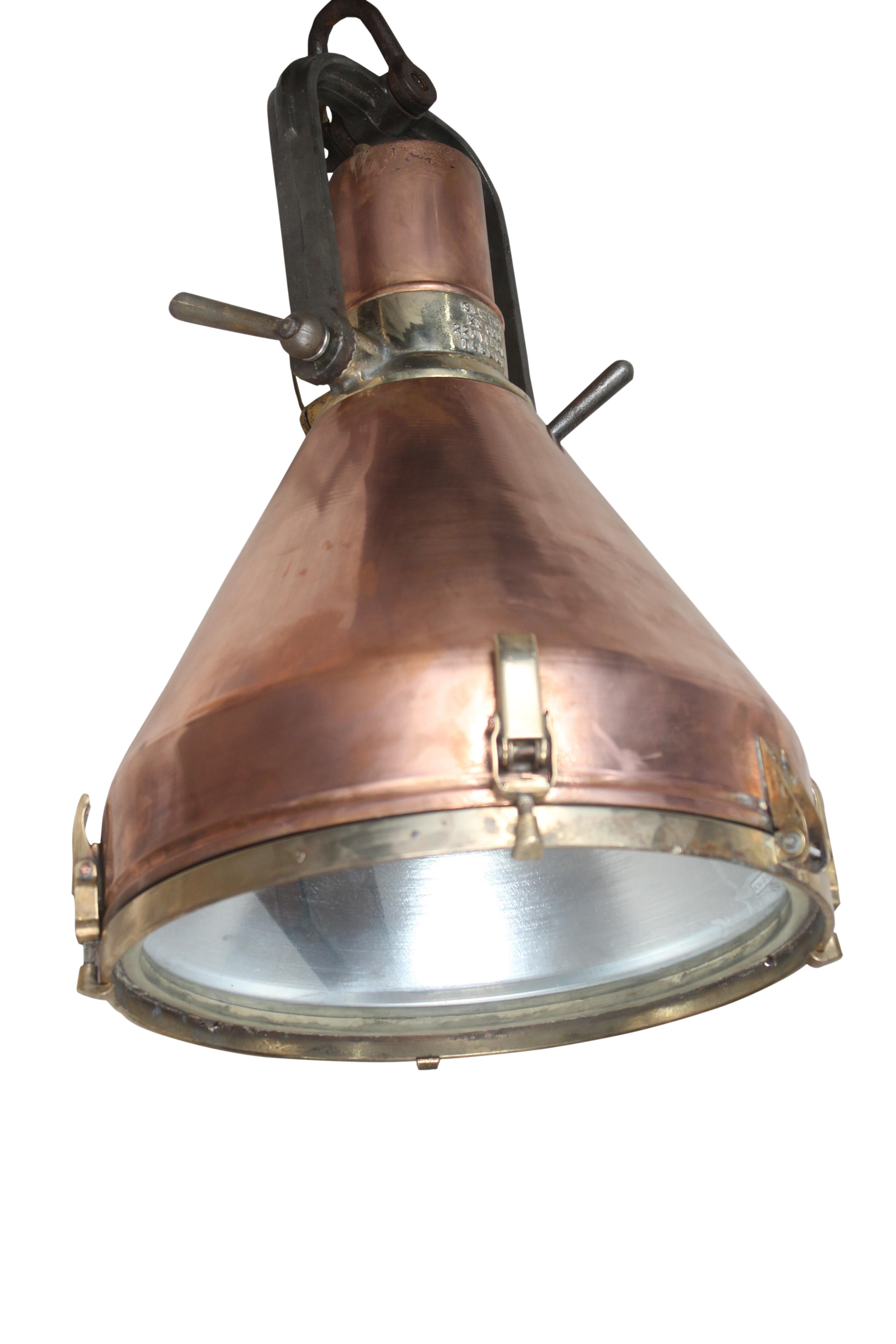 Industrial Large Copper and Brass Nautical Ship's Pendant Lights, 1970s