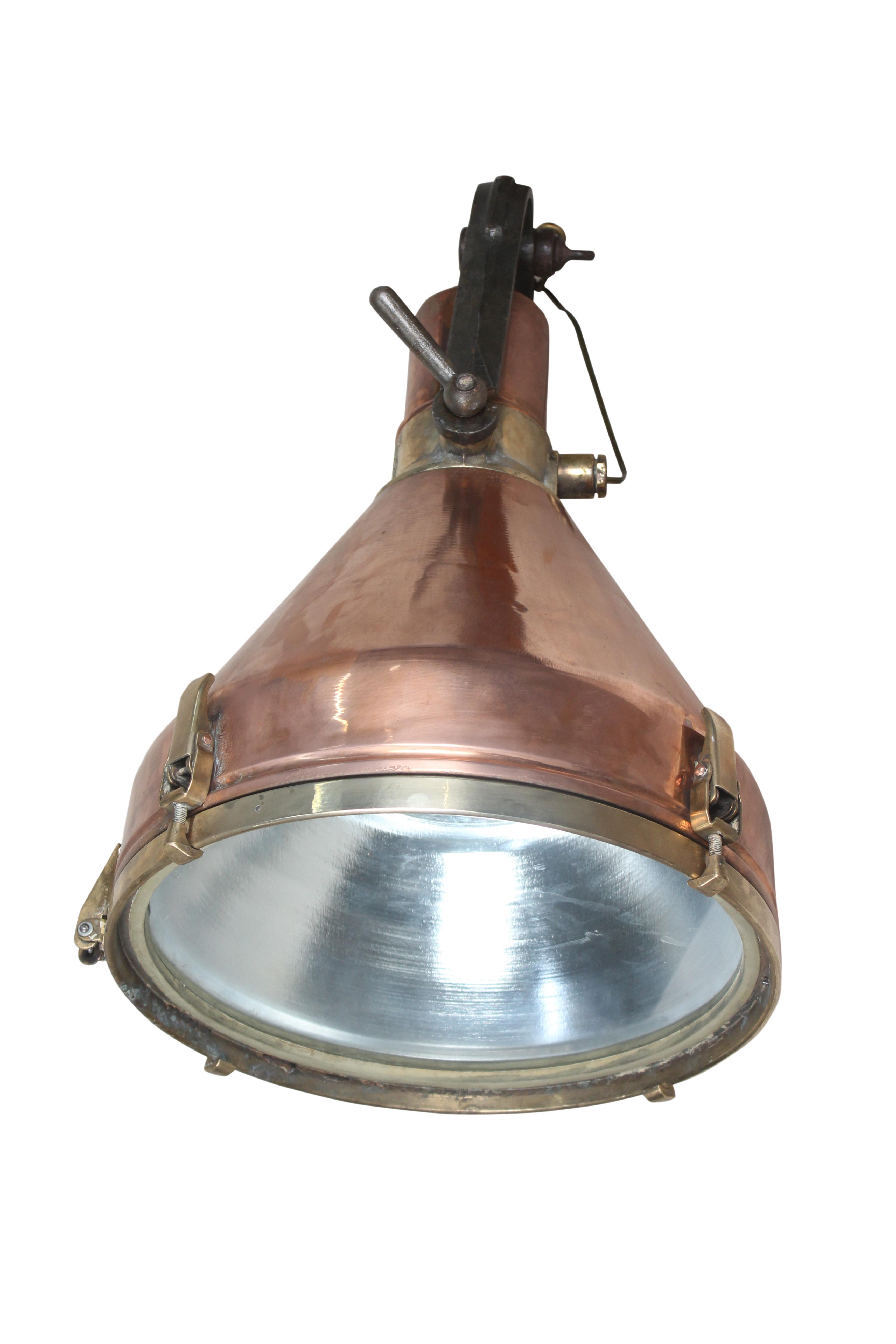 Large Copper and Brass Nautical Ship's Pendant Lights, 1970s In Good Condition In Nantucket, MA