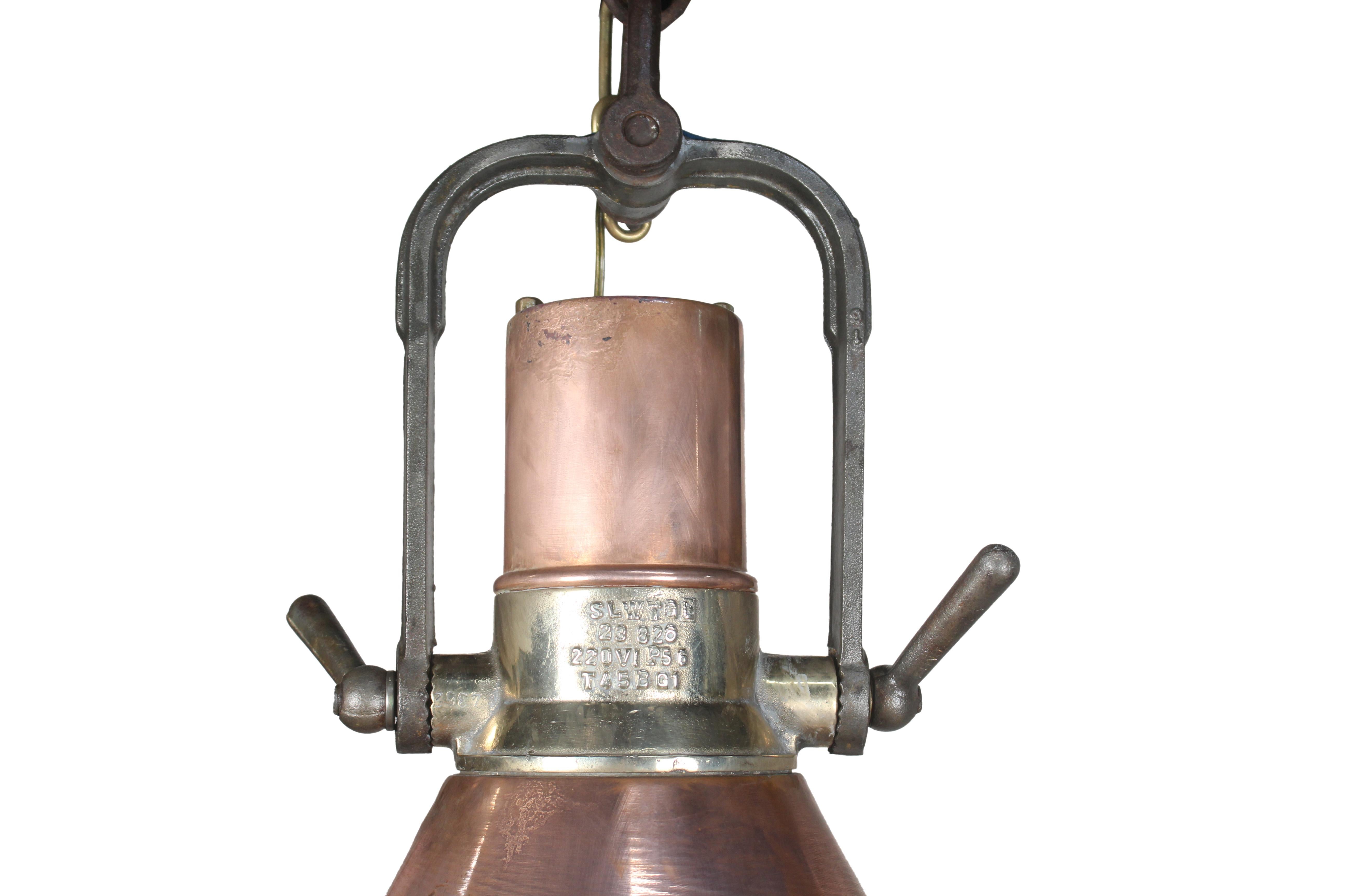 20th Century Large Copper and Brass Nautical Ship's Pendant Lights, 1970s