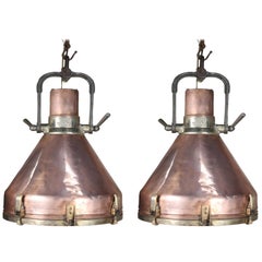 Vintage Large Copper and Brass Nautical Ship's Pendant Lights, 1970s