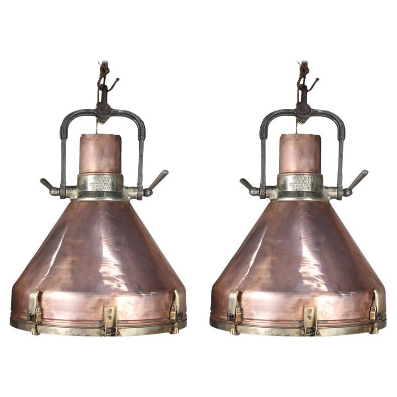 Large Copper and Brass Nautical Ship's Pendant Lights, 1970s