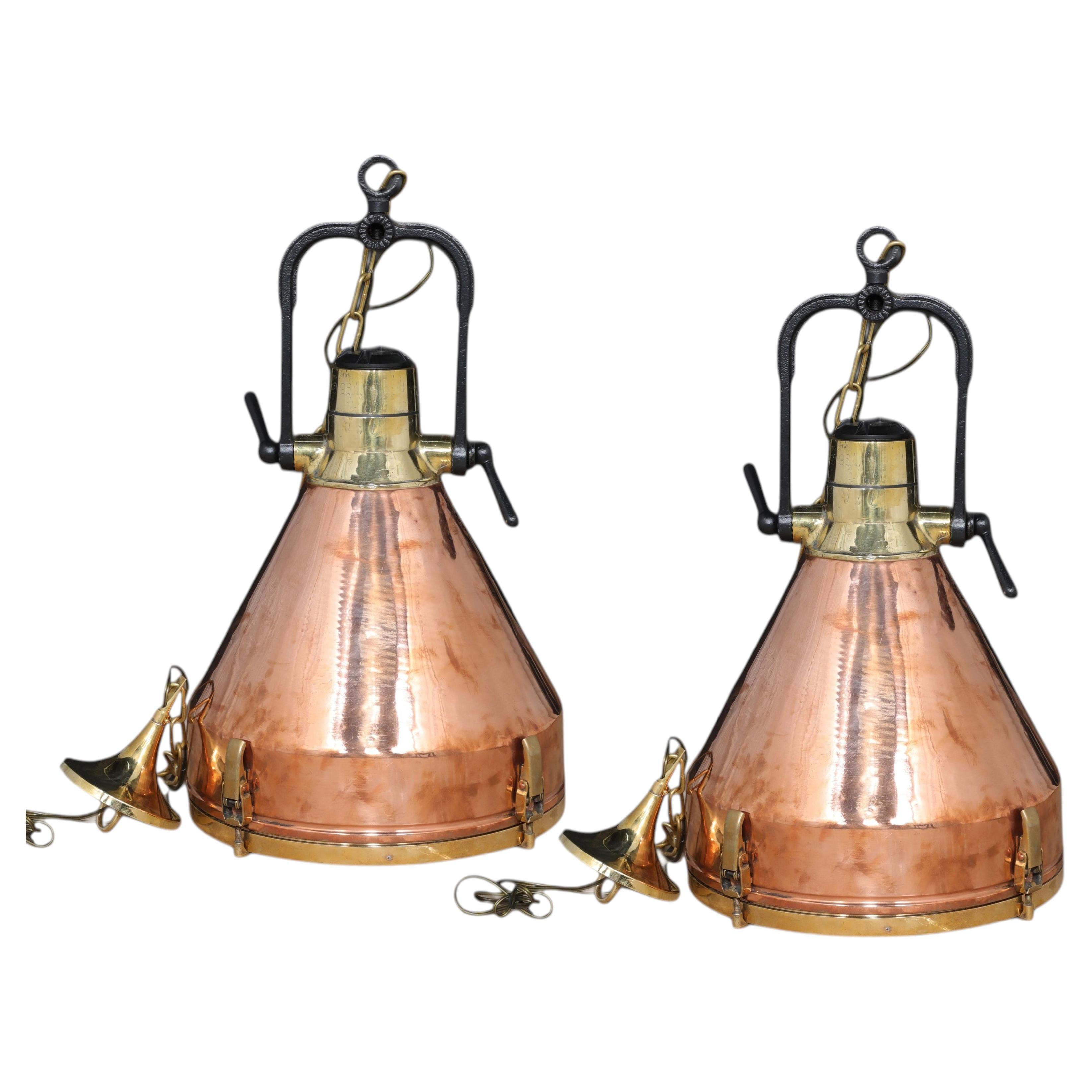 Large Copper and Brass Nautical Ship's Pendant Lights, 1970s