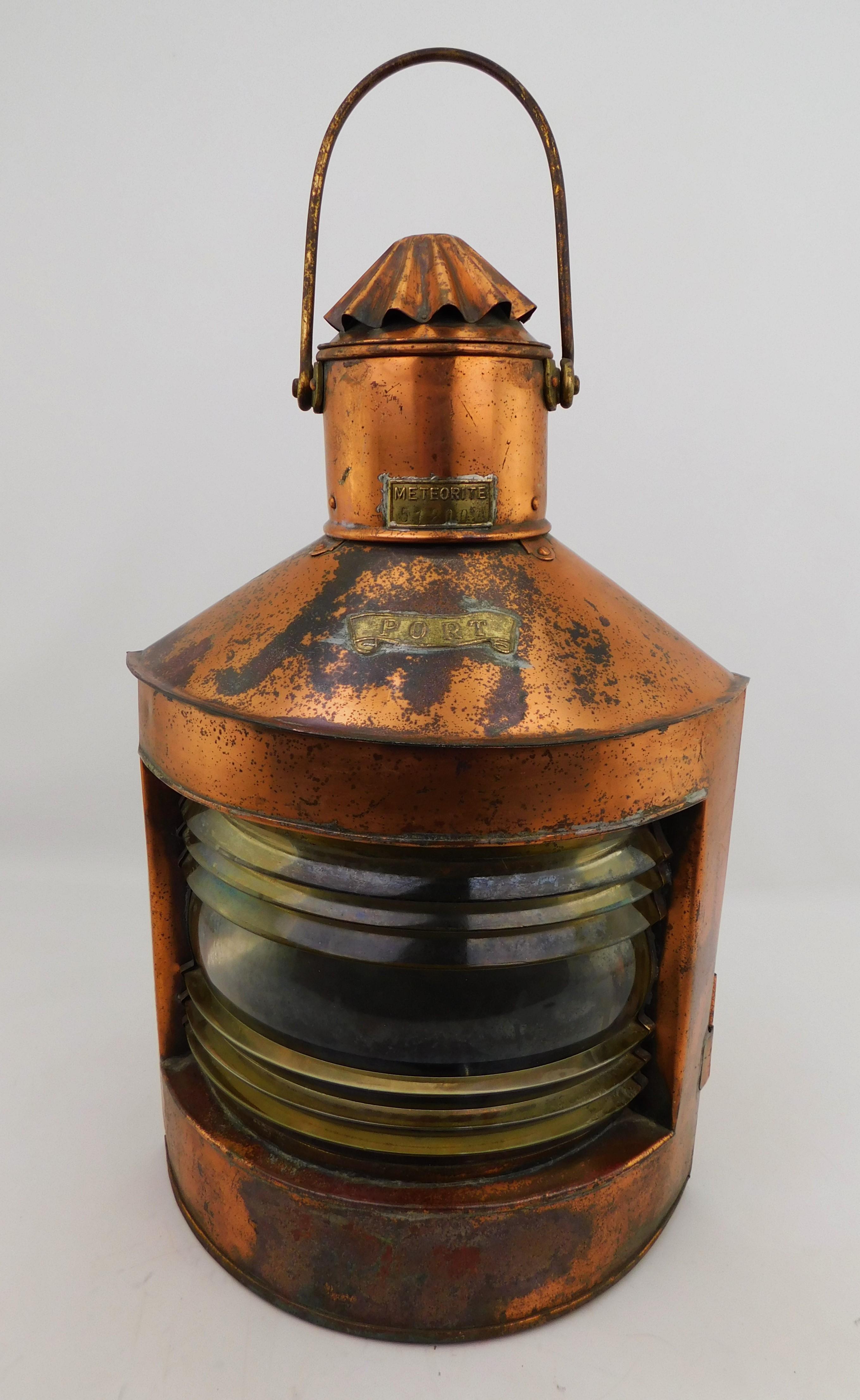 Large early 20th Century Antique British solid copper and brass nautical Port signal lantern/lamp with Fresnel lens. With maker's badge from English firm 