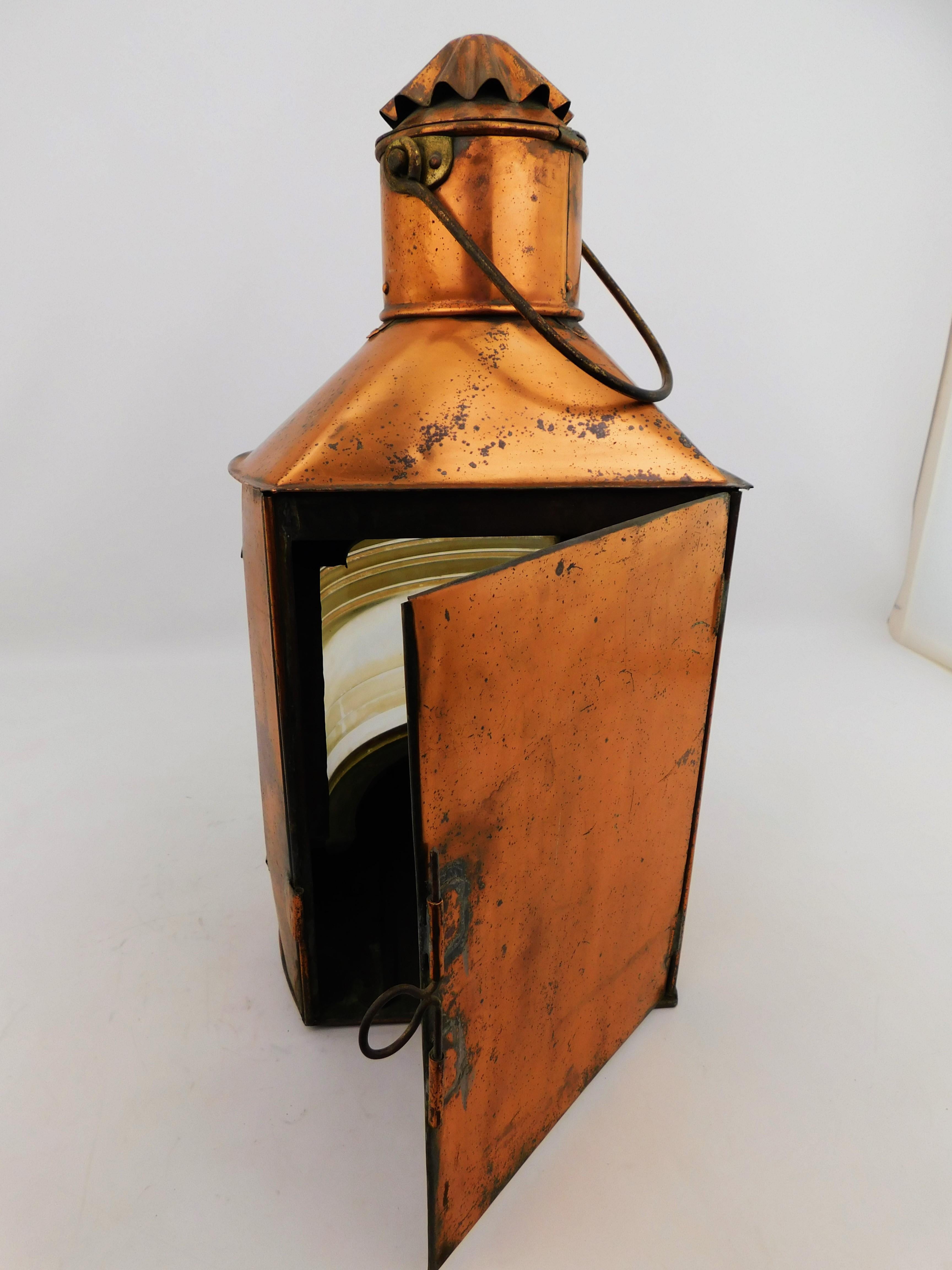 Large Copper and Brass Ship's Port Lantern Light by Meteorite Birmingham England In Fair Condition For Sale In Hamilton, Ontario