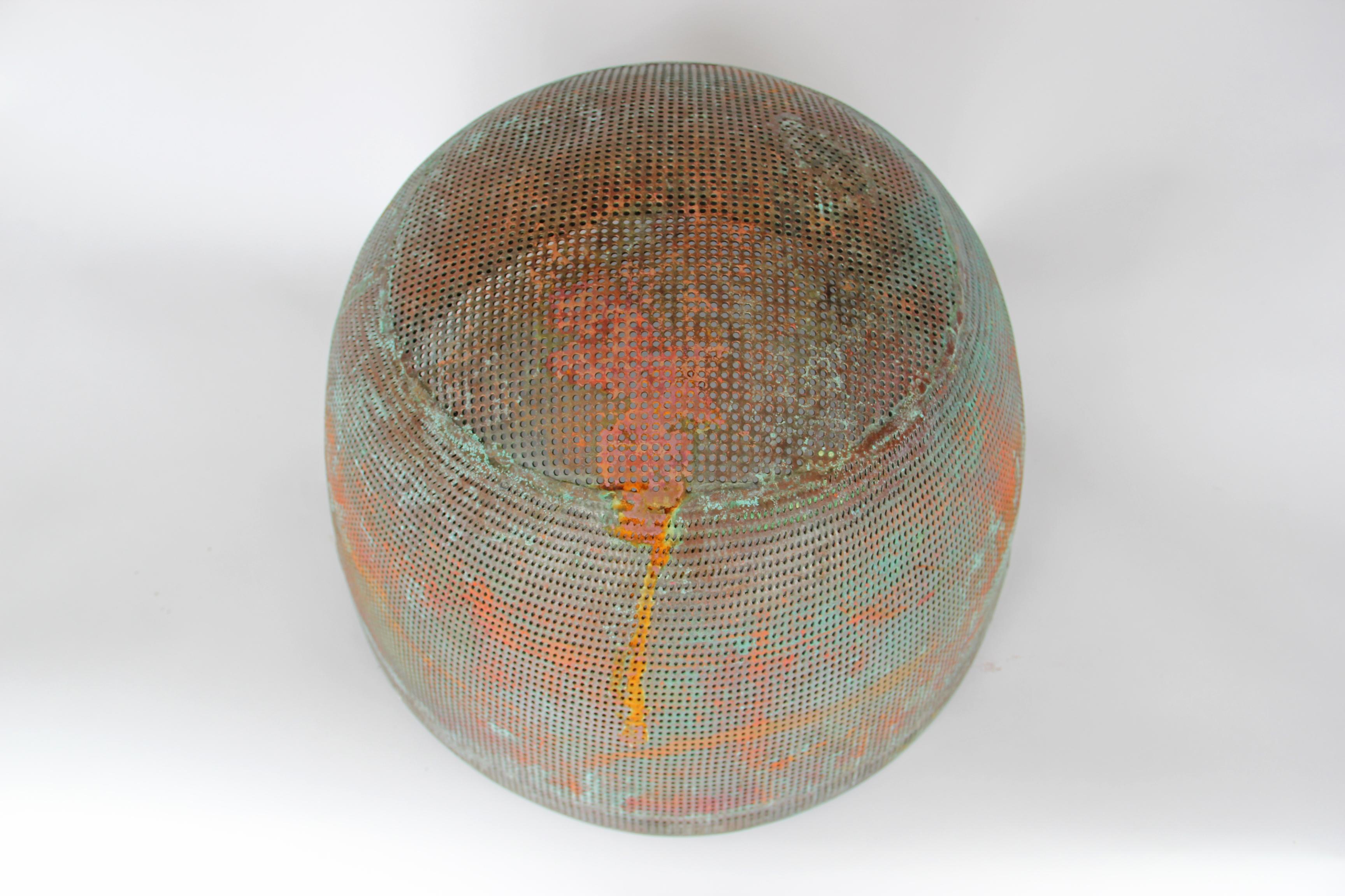 Large Copper Bowl Sieve with Handles and Beautiful Oxidation In Distressed Condition For Sale In Hudson, NY