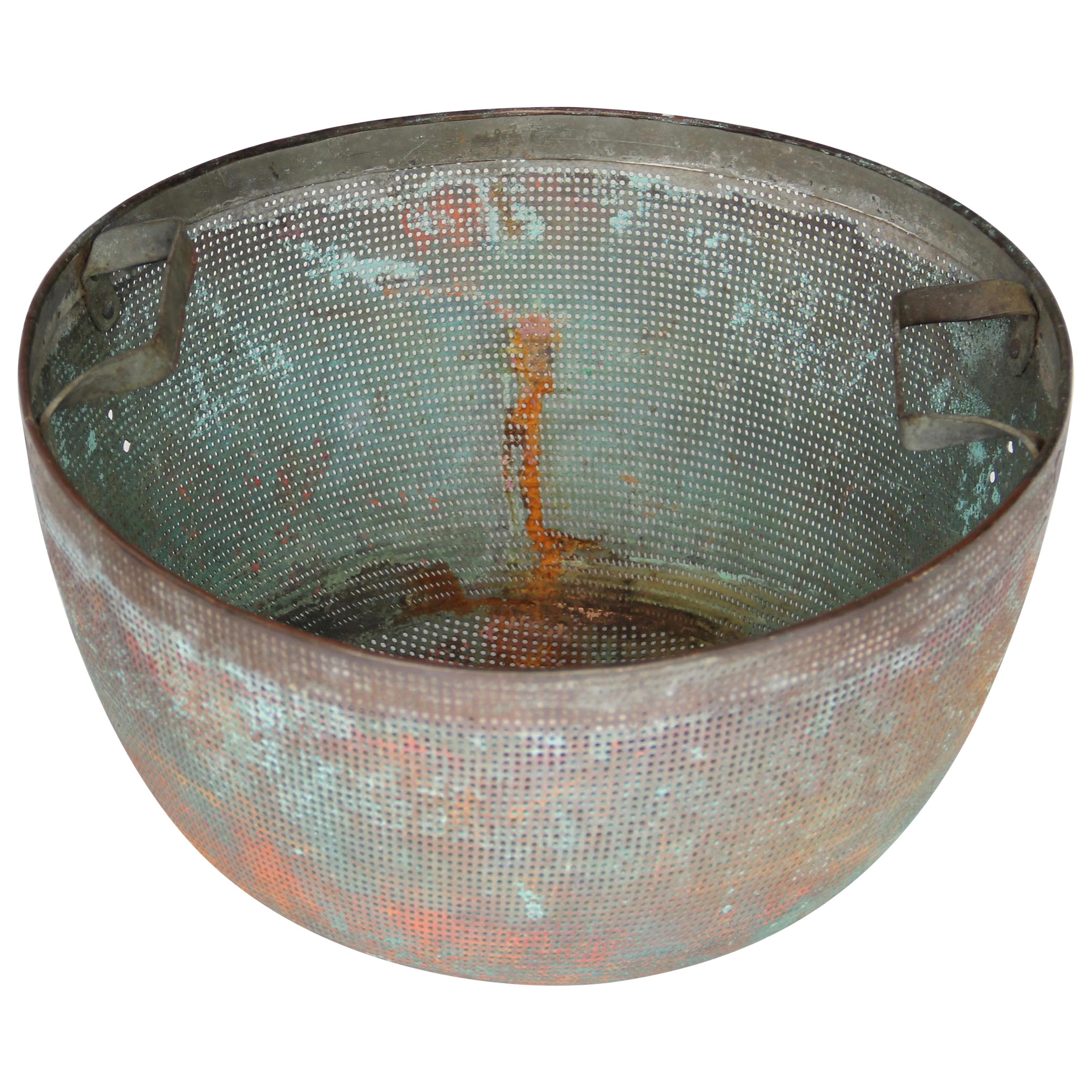 Large Copper Bowl Sieve with Handles and Beautiful Oxidation For Sale