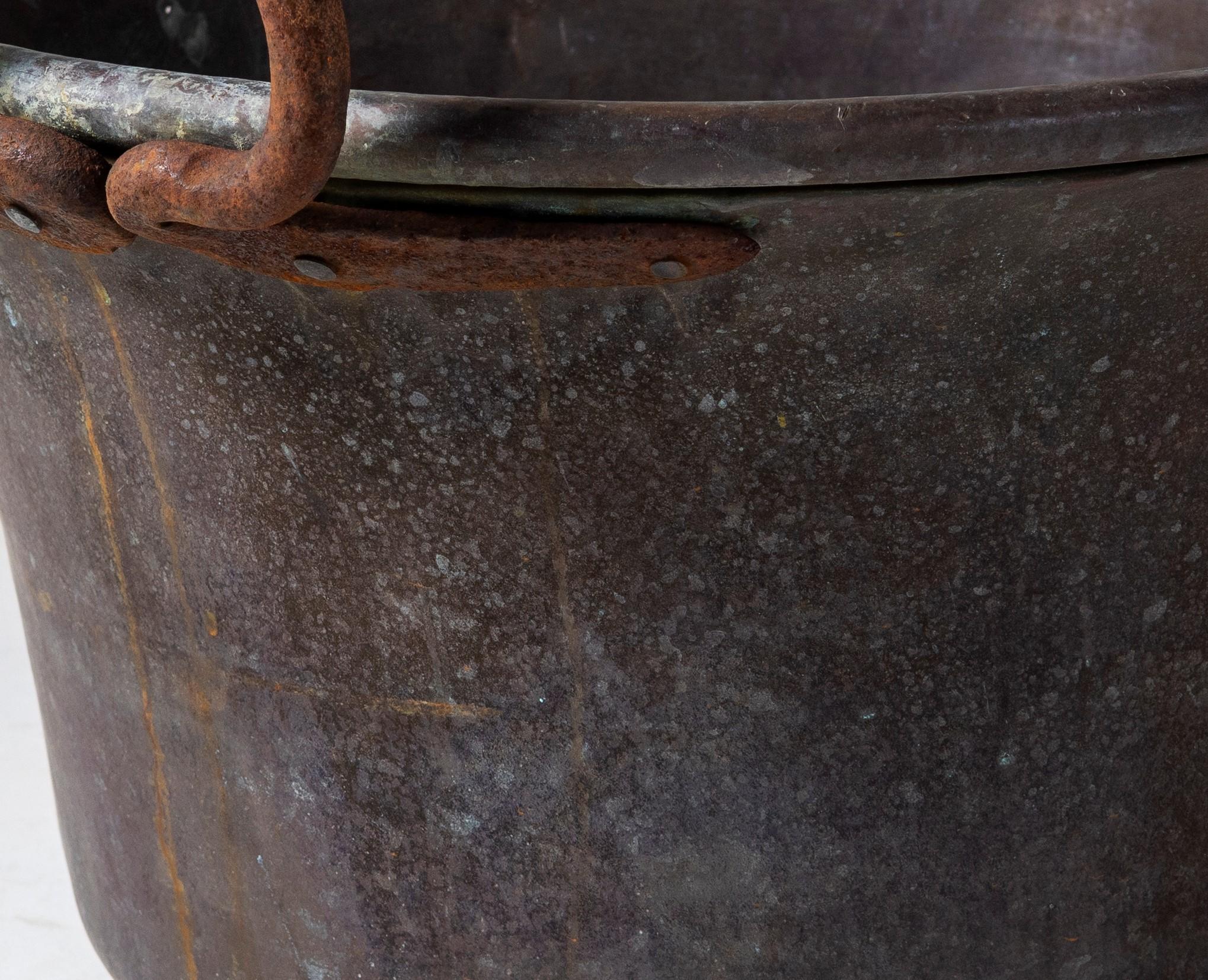 French Large Copper Cauldron Garden Planter with Heavy Forged Iron Handles Log Basket