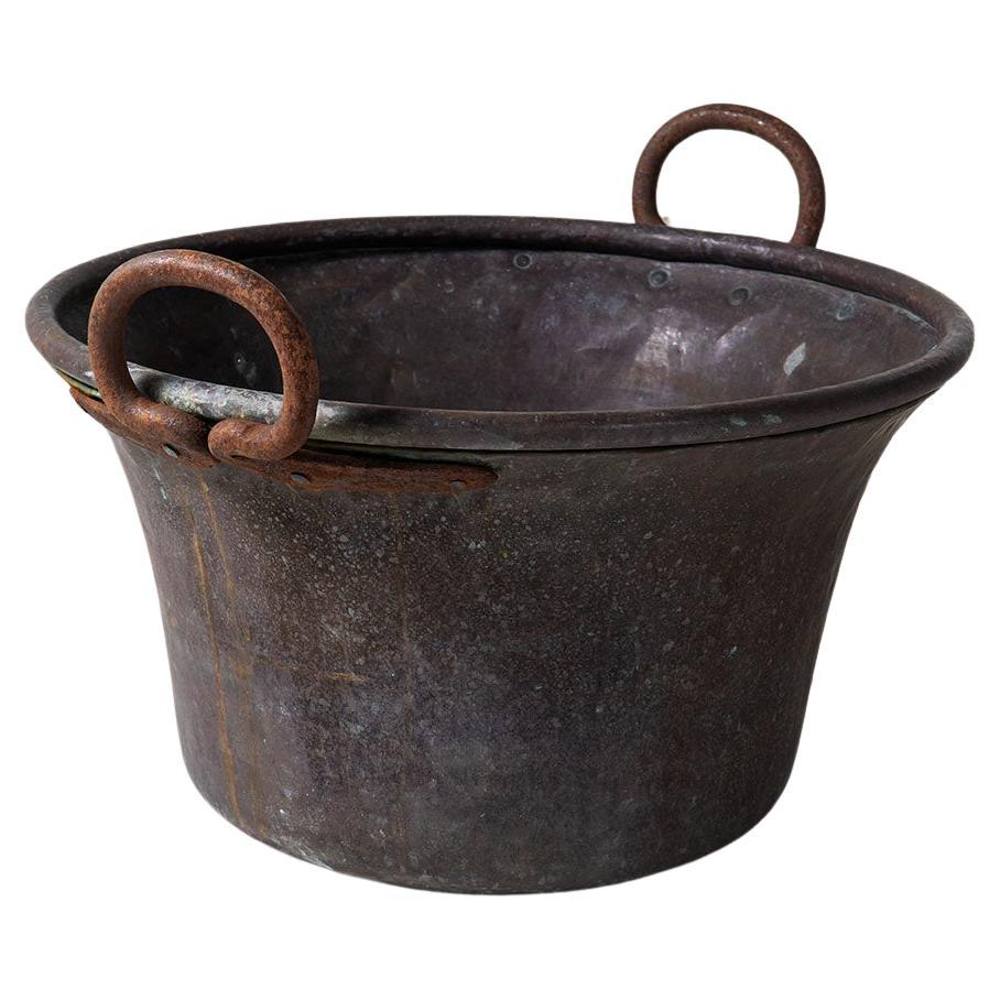 Large Copper Cauldron Garden Planter with Heavy Forged Iron Handles Log Basket
