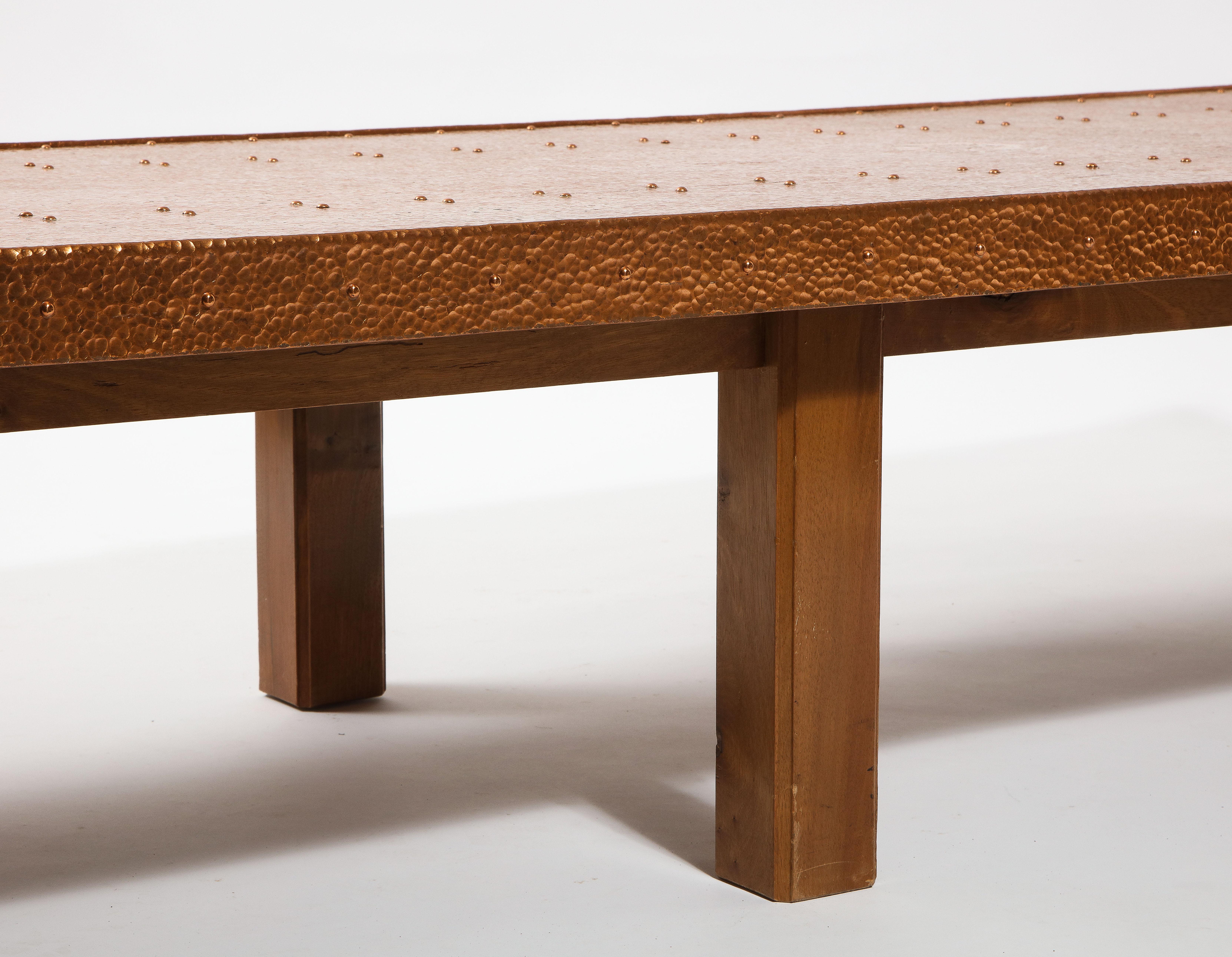 Mid-Century Modern Large Long Linear Copper & Elm Coffee Table, France 1960's For Sale