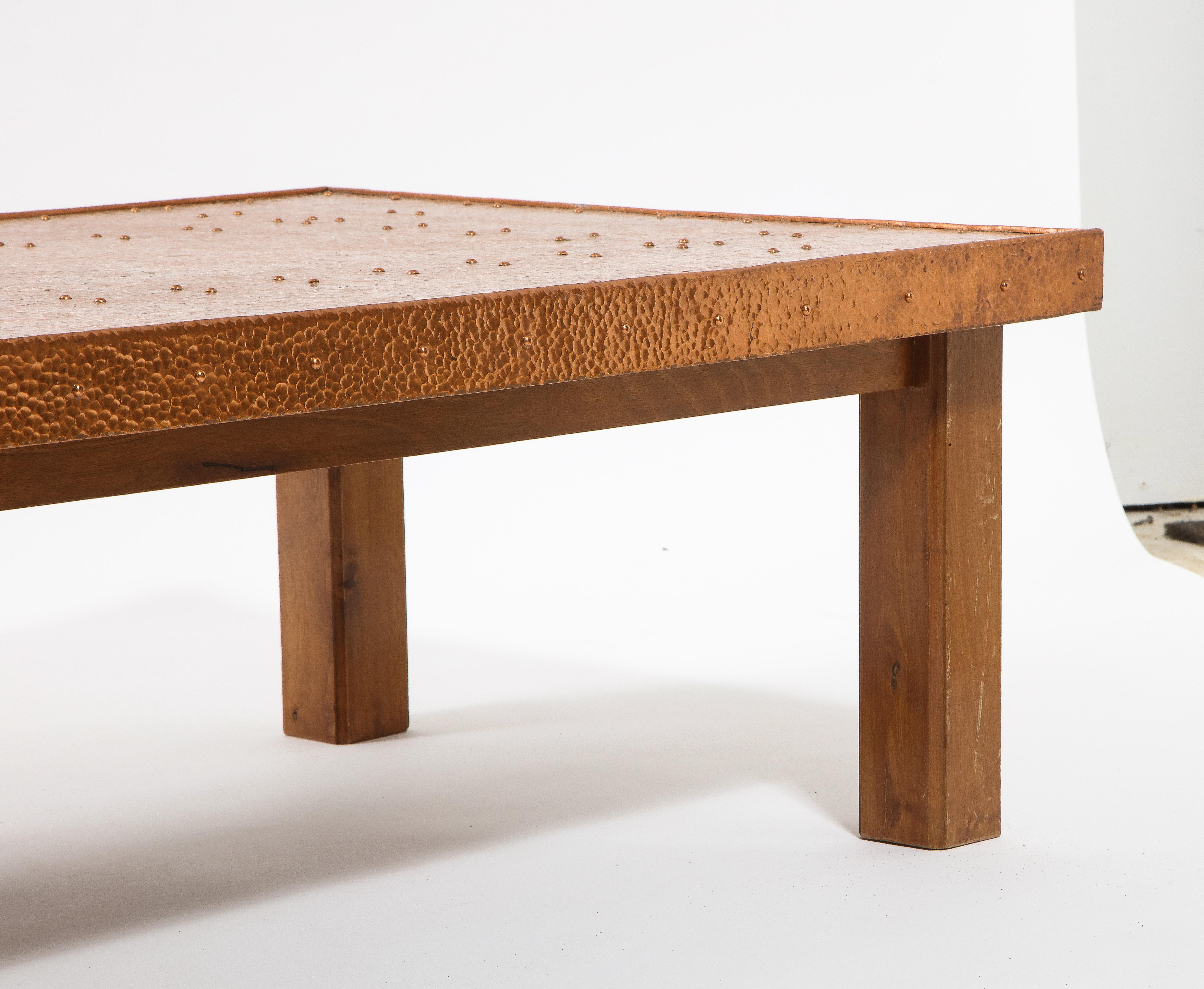 Large Long Linear Copper & Elm Coffee Table, France 1960's In Good Condition For Sale In New York, NY