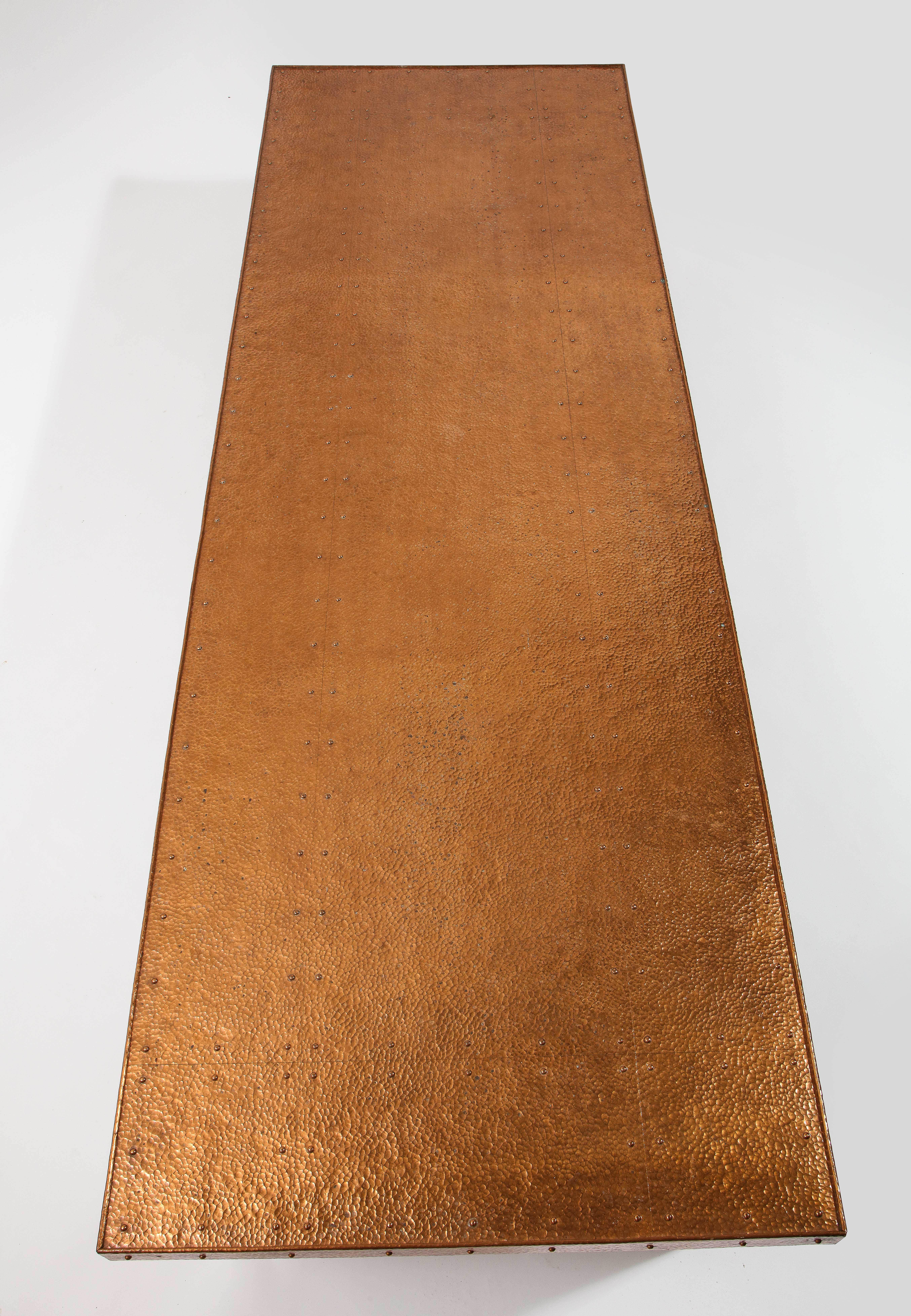 Large Long Linear Copper & Elm Coffee Table, France 1960's For Sale 1