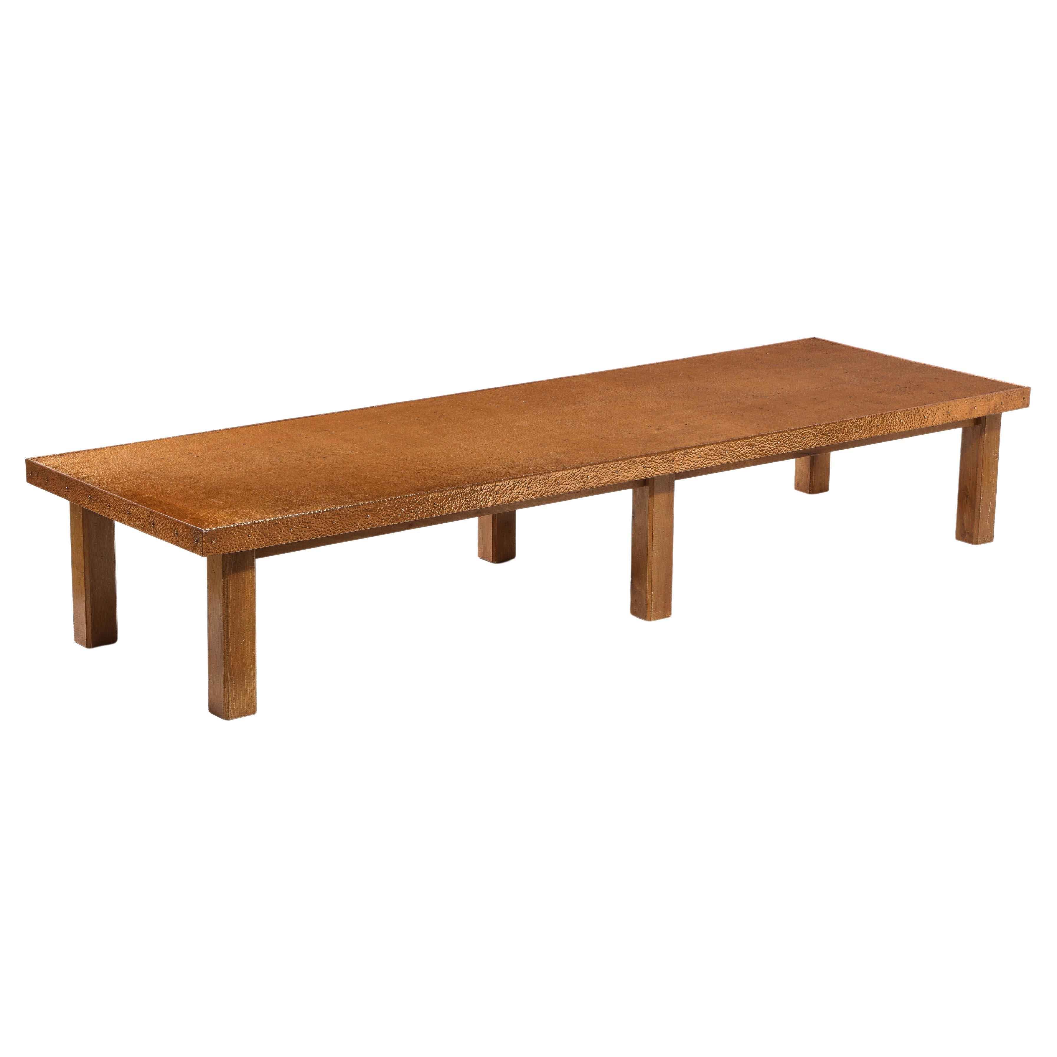 Large Long Linear Copper & Elm Coffee Table, France 1960's For Sale