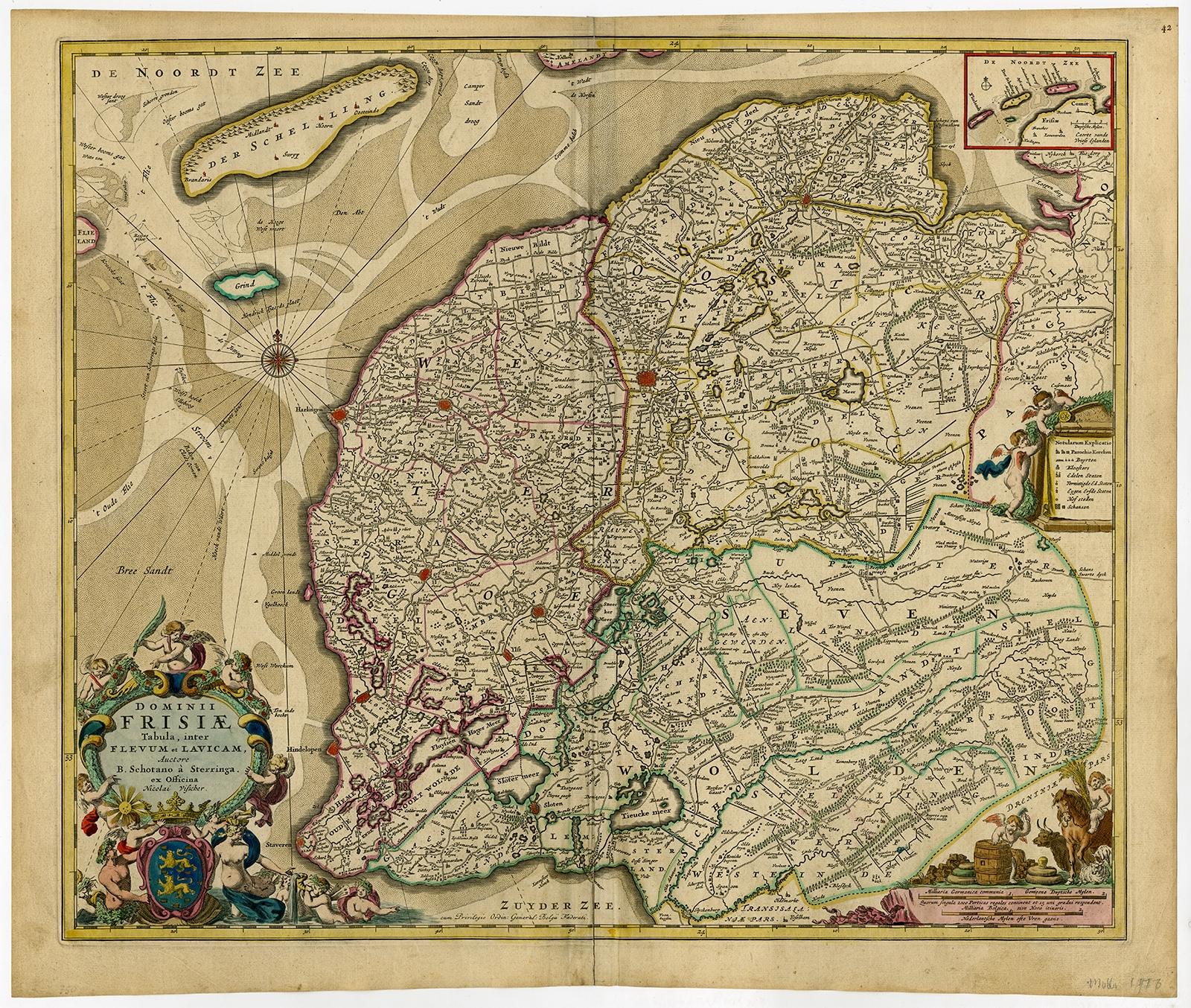 Antique print, titled: 'Dominii Frisiae Tabula, inter Flevum et Lavicum (…)' 

This large copper engraved map details the coastline of Friesland and Terschelling. At east is a part of Groningen. The main cities are colored in red. The very