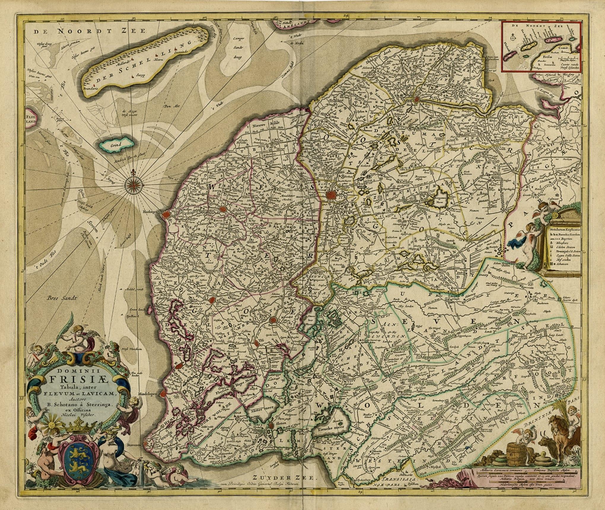 Large Copper Engraved Map of the Coastline of Friesland and Terschelling, c.1670 In Good Condition For Sale In Langweer, NL