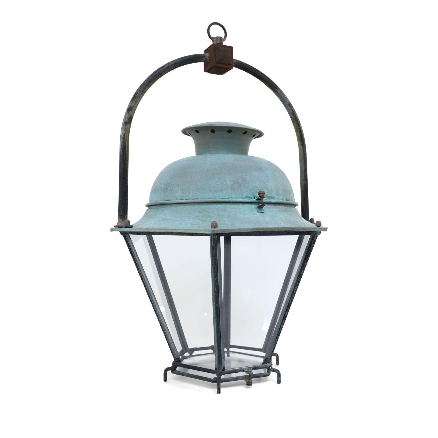 Six-sided iron and copper lantern from France. Tagged: Claude Lefebvre, Tavers, France. Can be wired for electricity or fitted for gas at an additional cost.